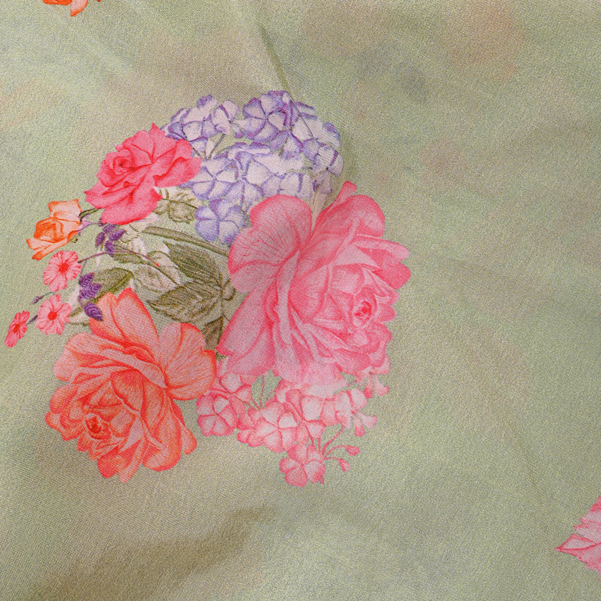 Sage Green Pastel Floral Bouquet Printed Silk Fabric