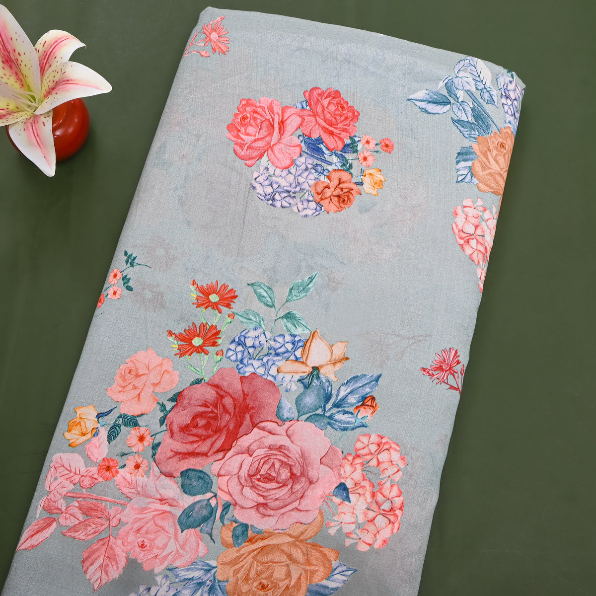 Steel Blue Floral Bouquet Printed Silk Fabric