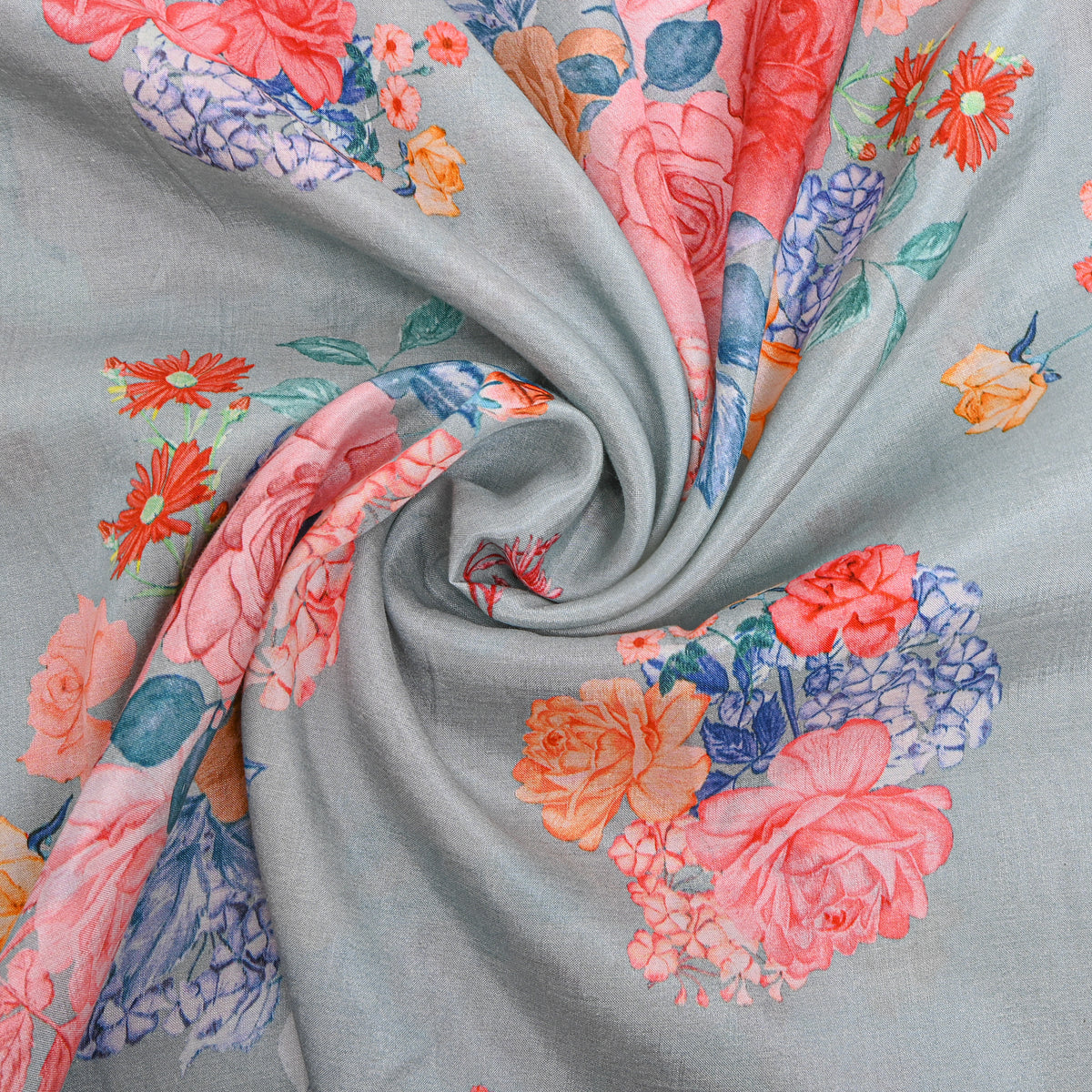 Steel Blue Floral Bouquet Printed Silk Fabric