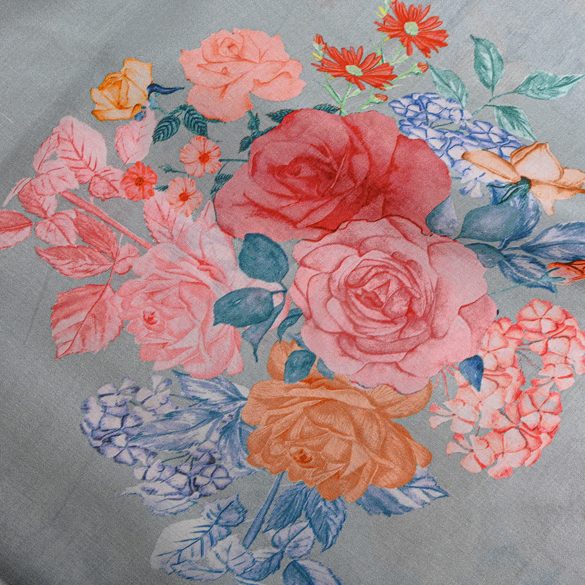 Steel Blue Floral Bouquet Printed Silk Fabric