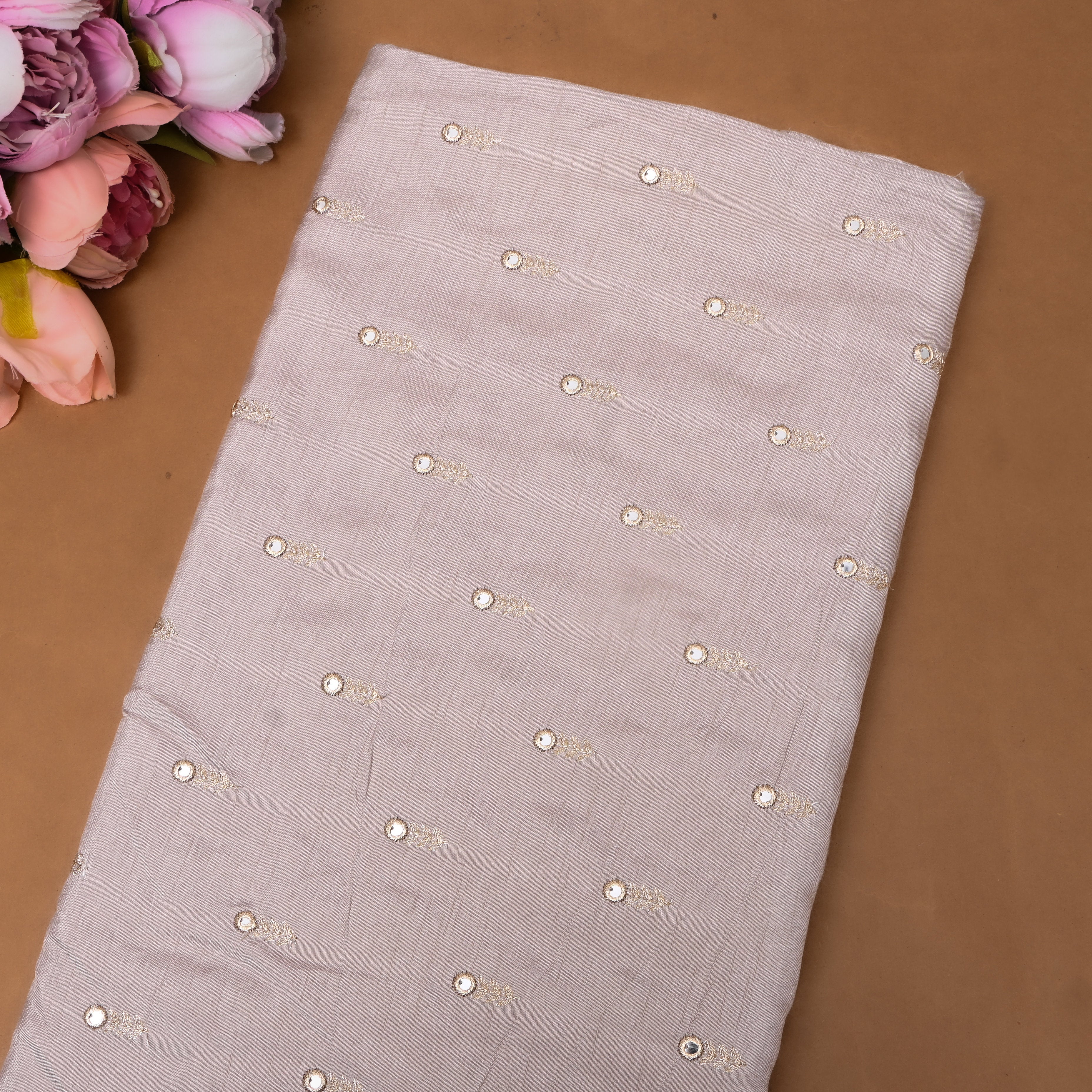 Mauve Mirror Work Booti Embroidered Silk Fabric
