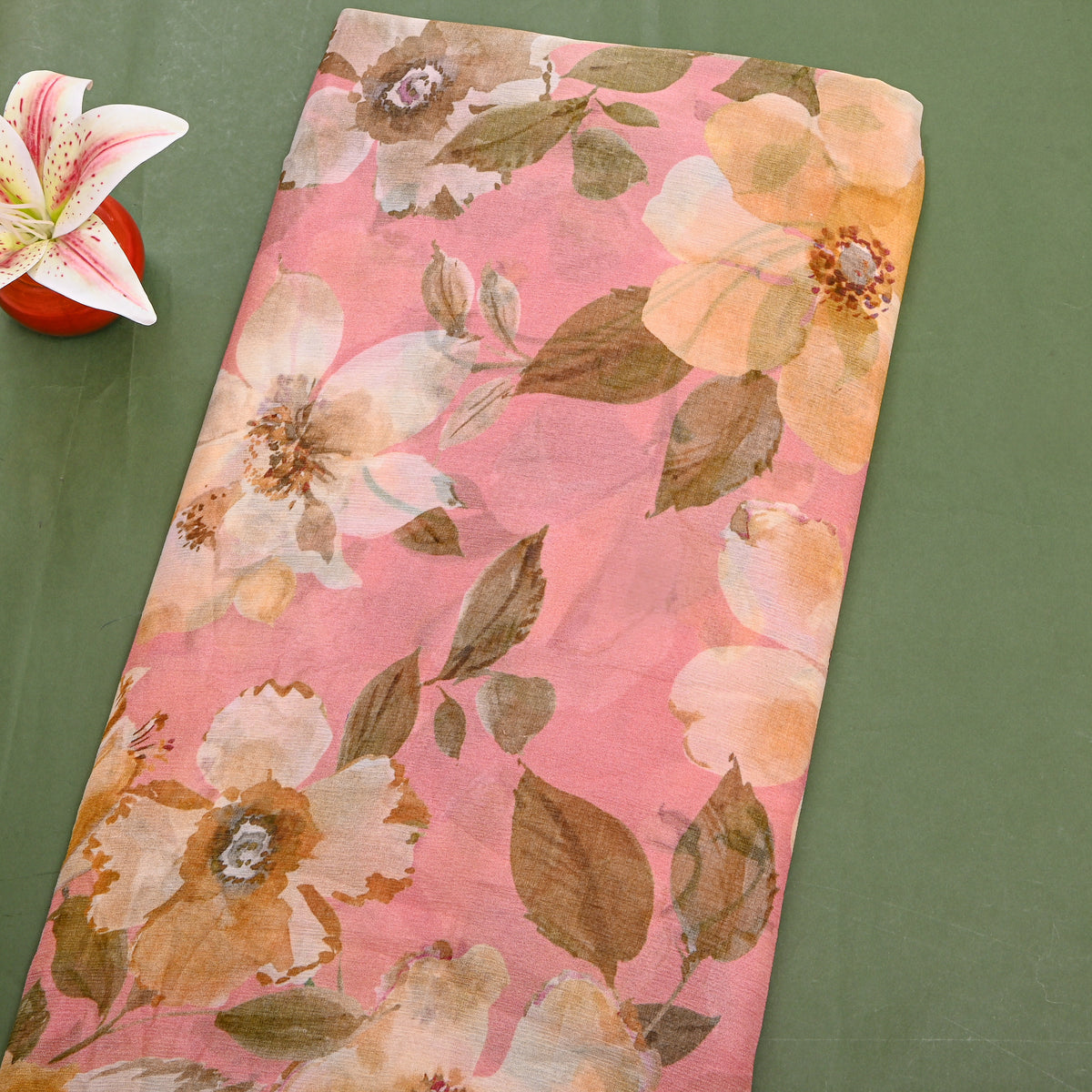 Coral Chiffon With Large Cream Floral Print