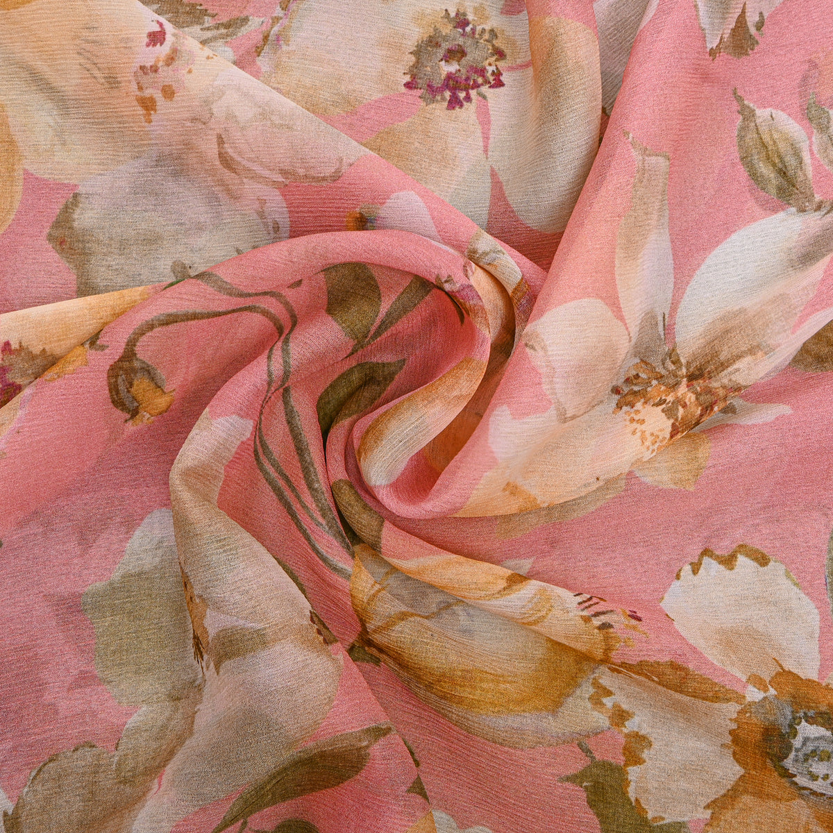 Coral Chiffon With Large Cream Floral Print