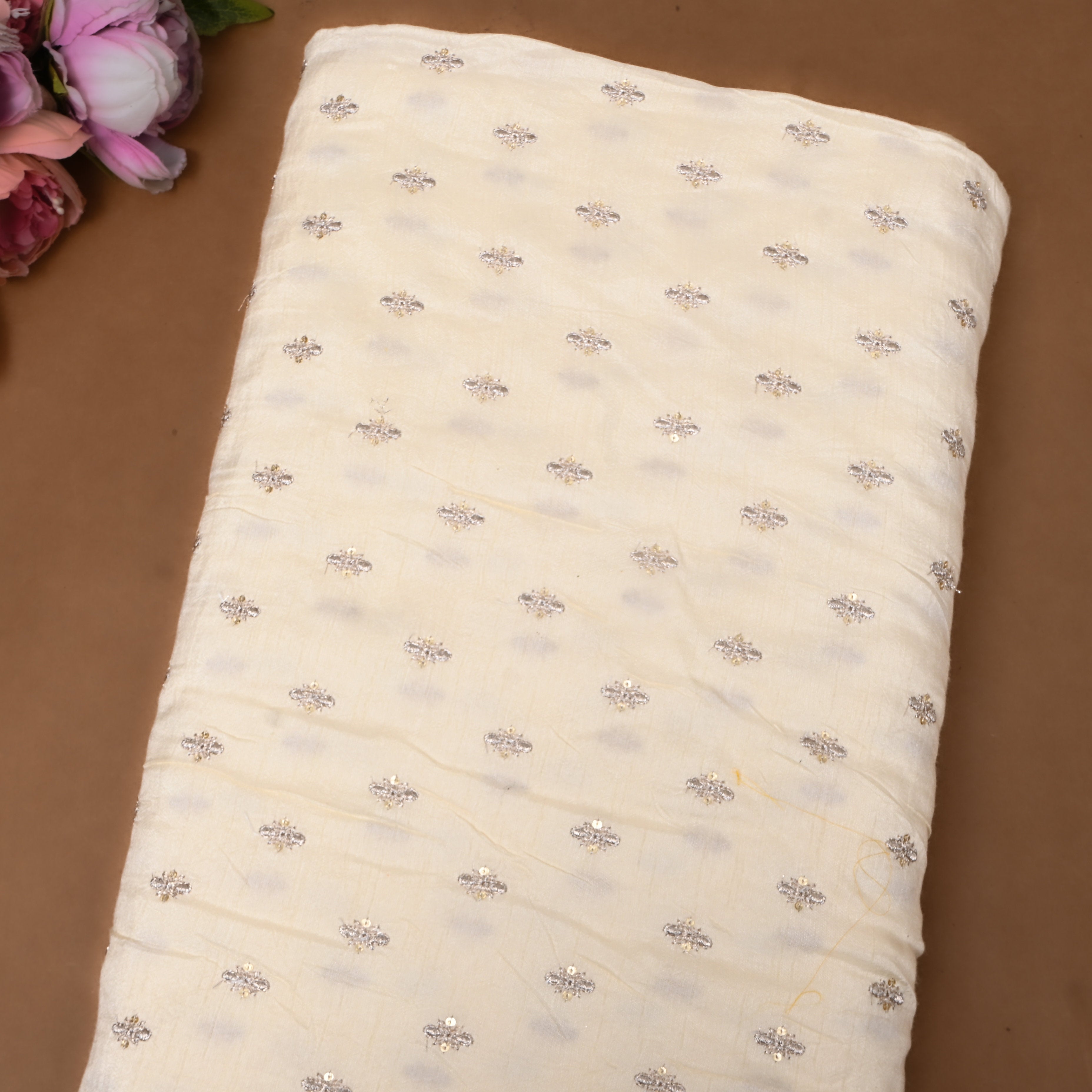 White Booti Embroidered Silk Fabric