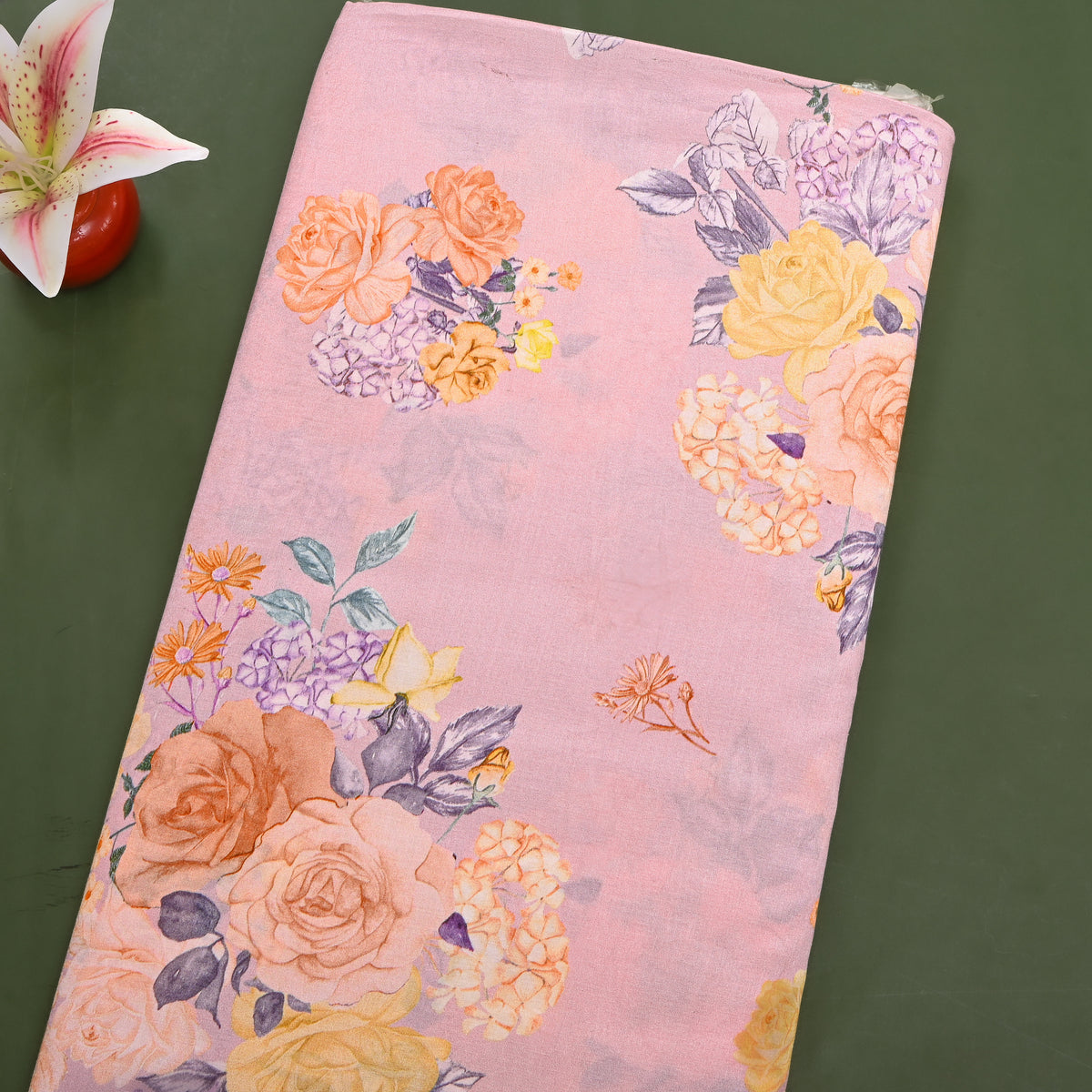 Blush Pink Rose Garden Printed Silk Fabric