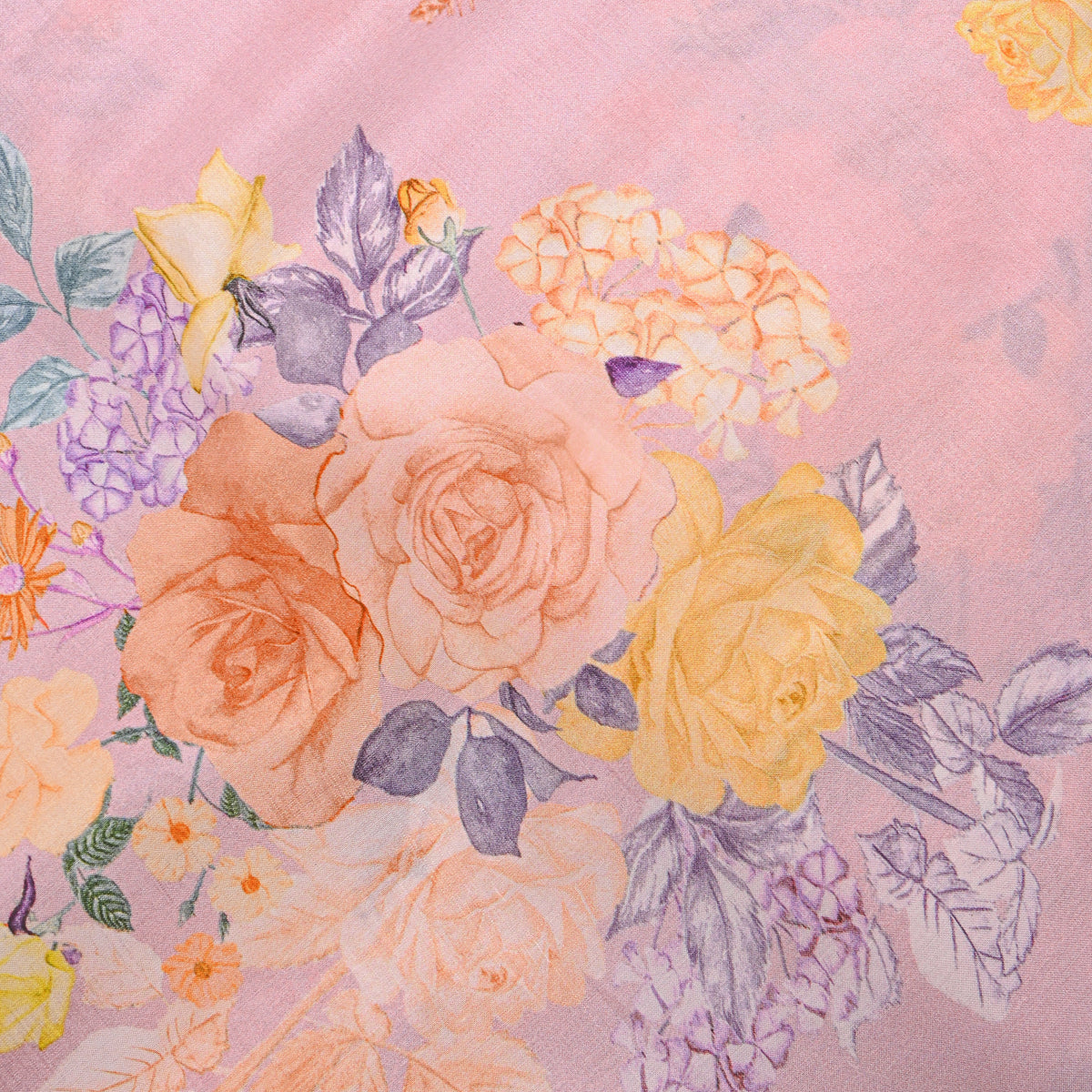 Blush Pink Rose Garden Printed Silk Fabric