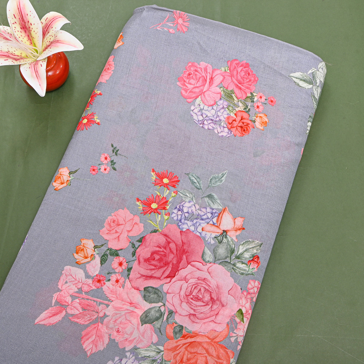 Slate Grey Floral Bunch Printed Silk Fabric