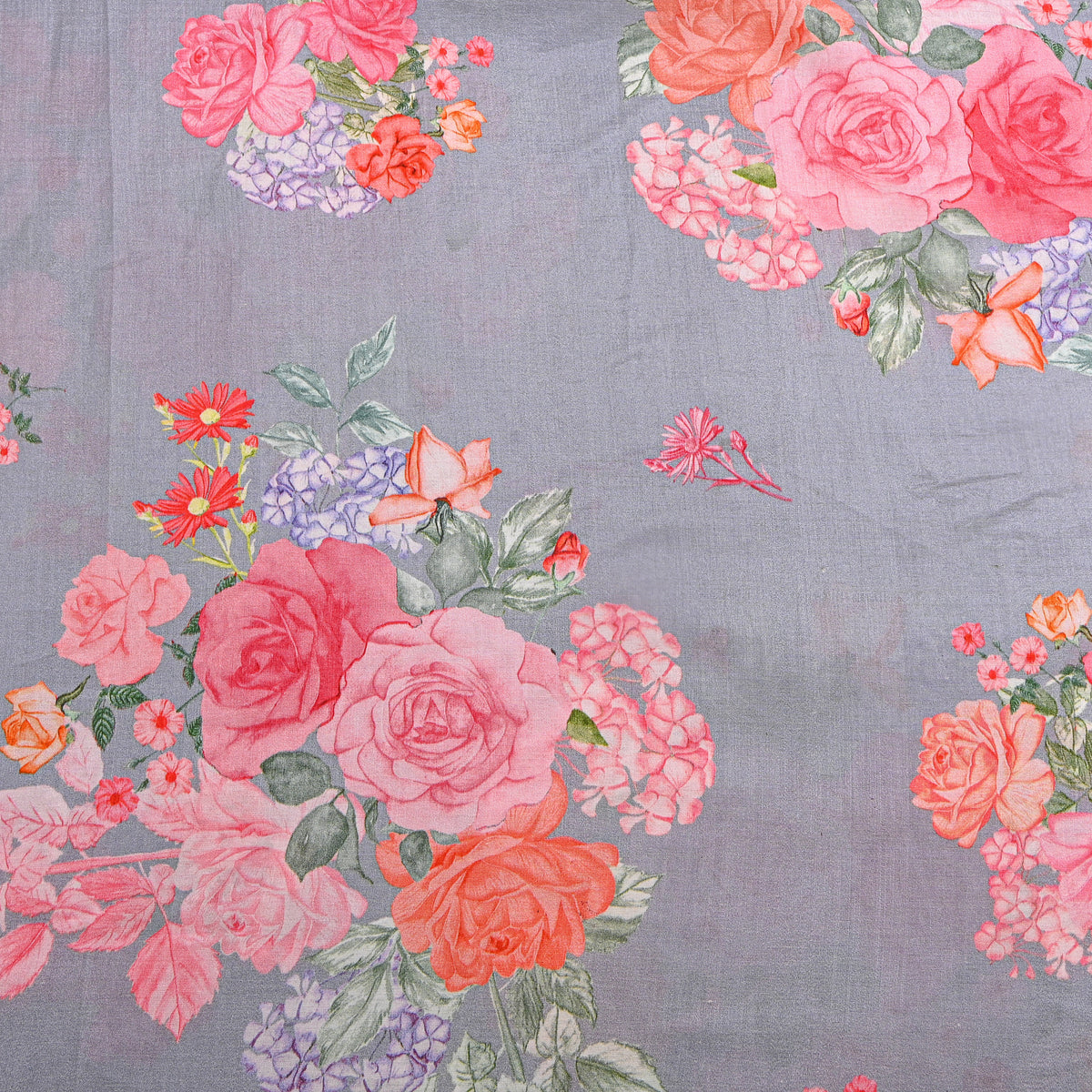 Slate Grey Floral Bunch Printed Silk Fabric