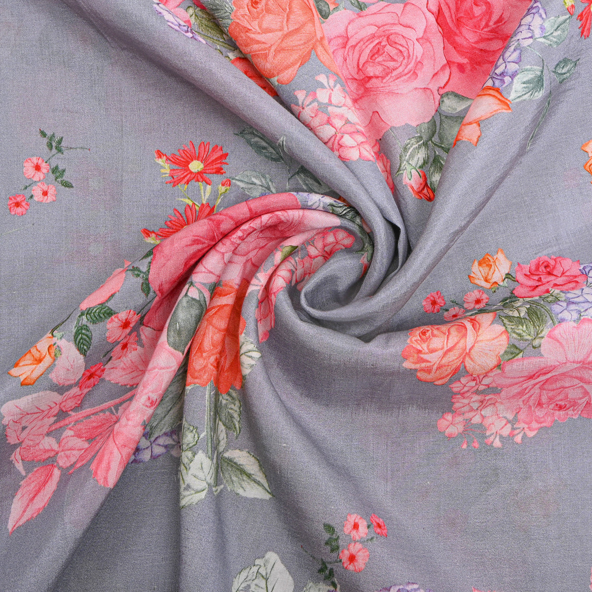 Slate Grey Floral Bunch Printed Silk Fabric