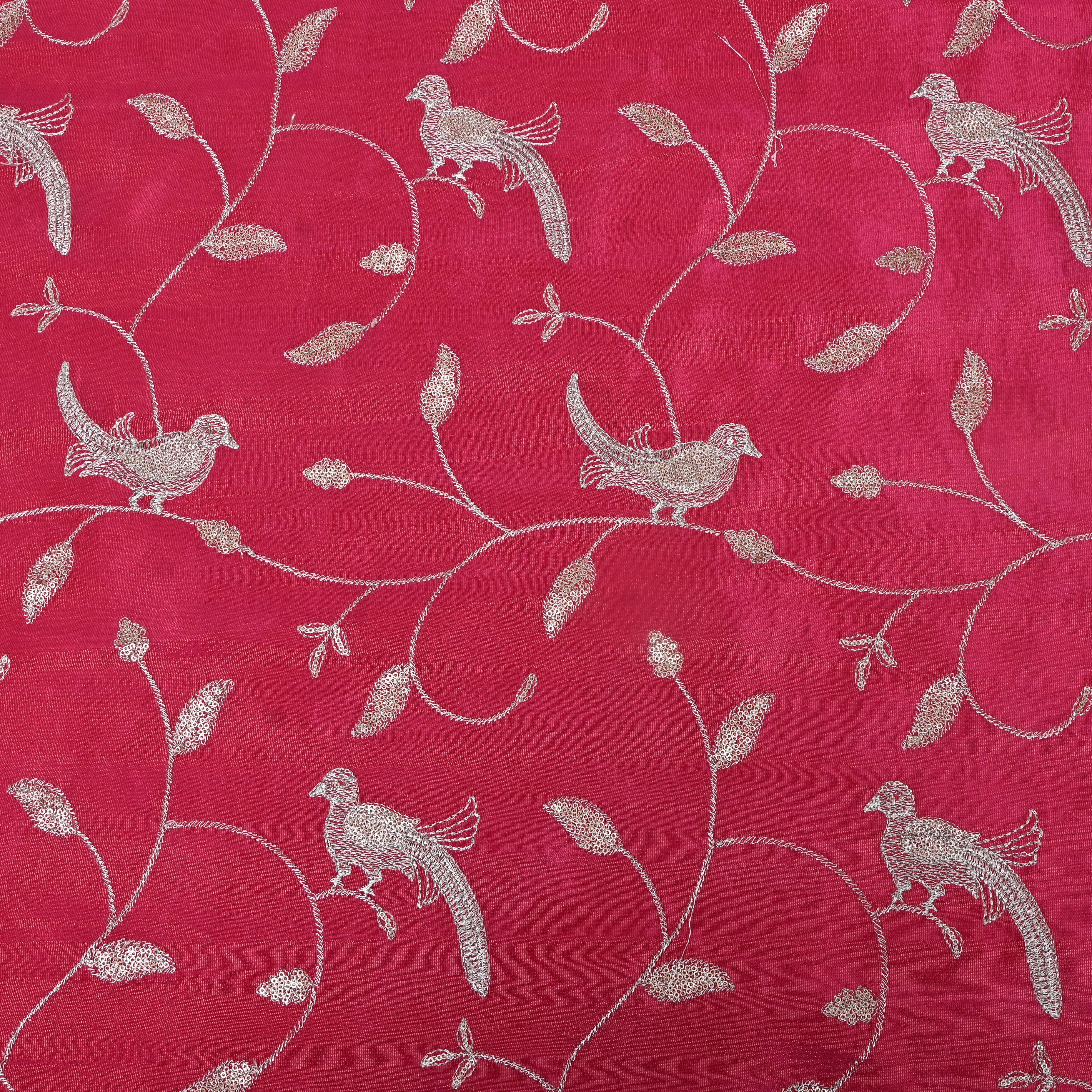 Rani Pink Bird Vine Embroidery Tissue Fabric