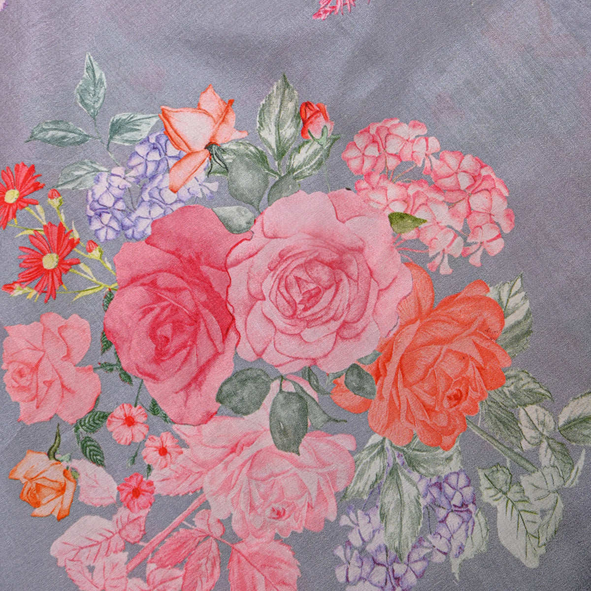 Slate Grey Floral Bunch Printed Silk Fabric
