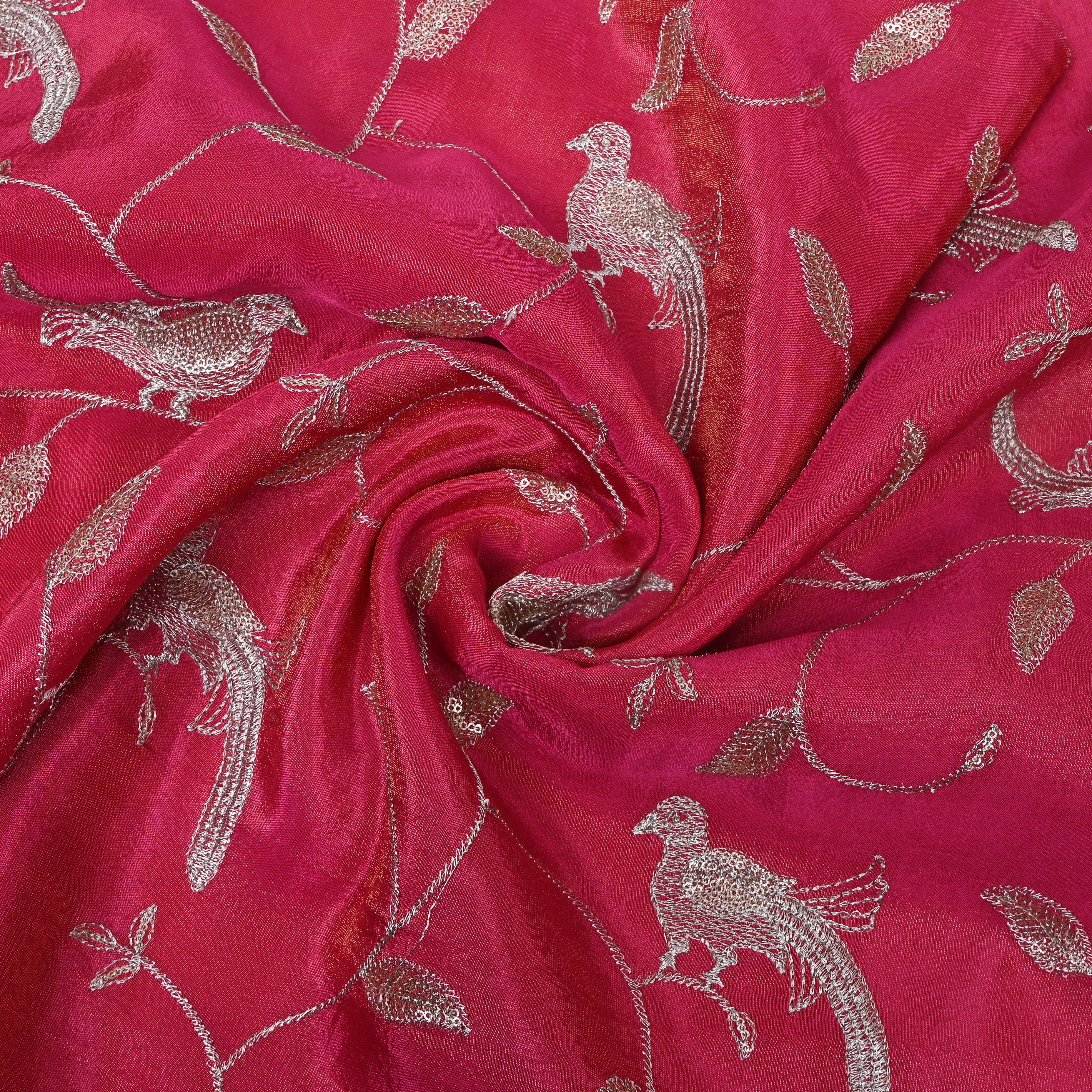 Rani Pink Bird Vine Embroidery Tissue Fabric