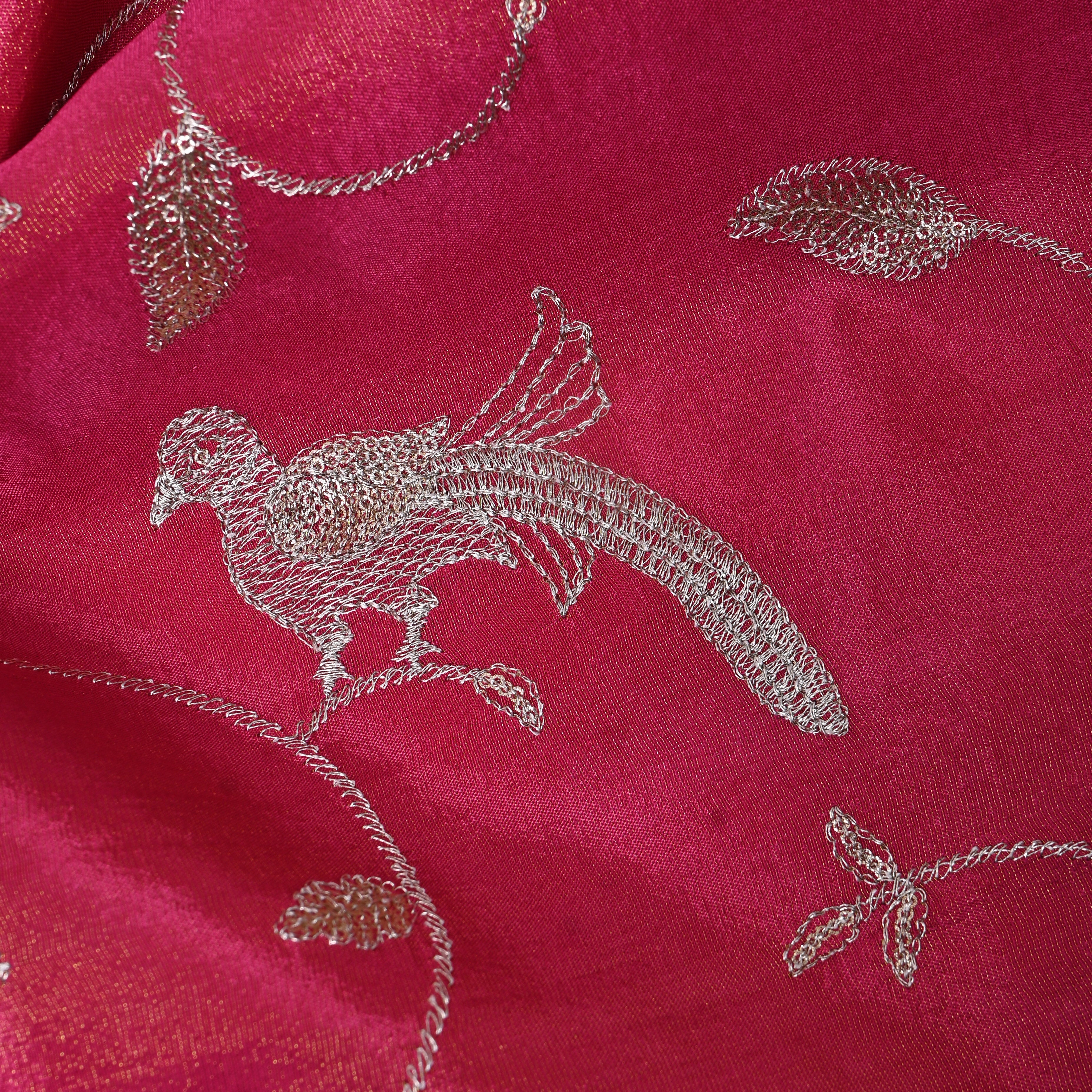 Rani Pink Bird Vine Embroidery Tissue Fabric