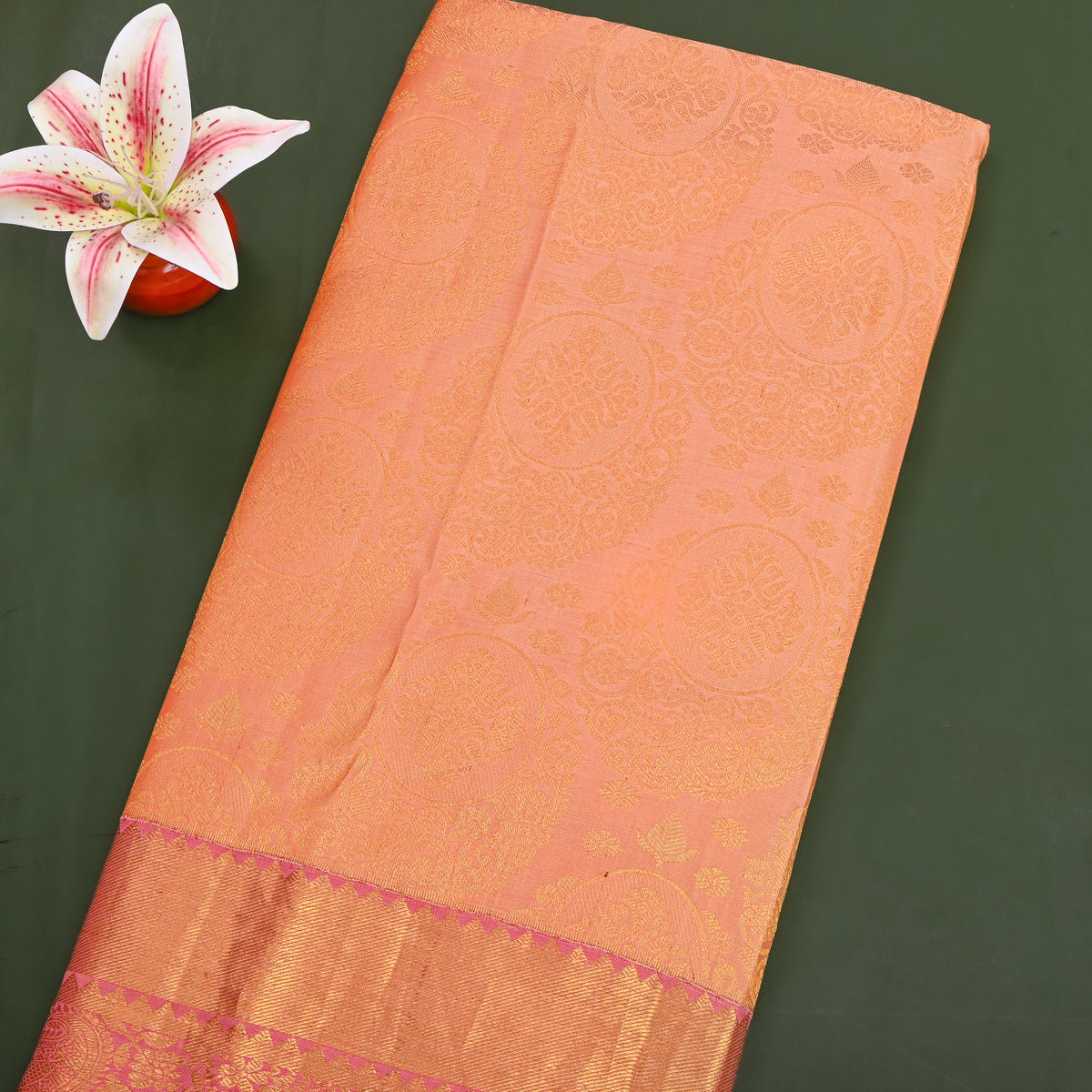 Melon Gold Zari Butti Pink Border Kanjivaram Silk Fabric