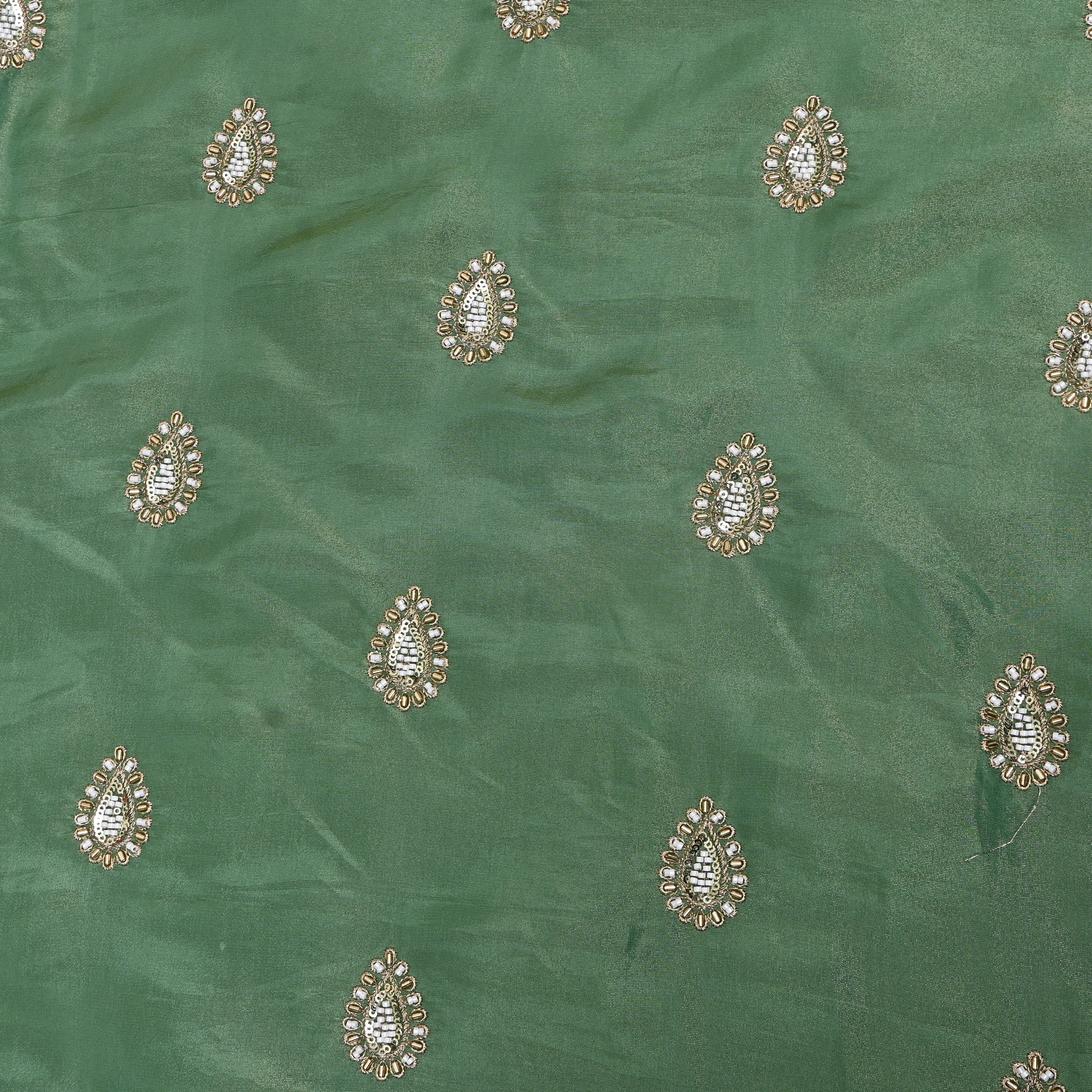 Bottle Green Zari Booti Embroidered Tissue Fabric