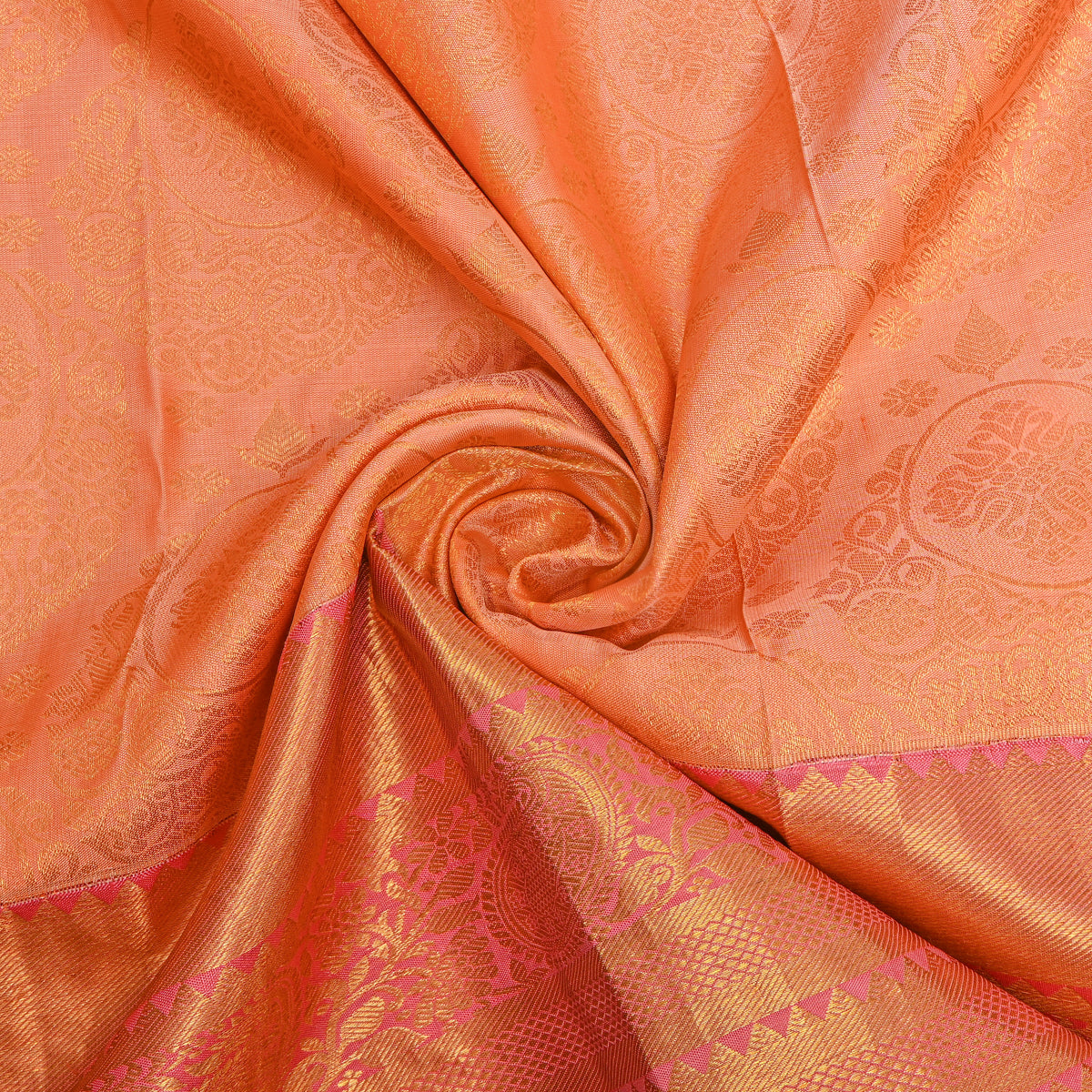 Melon Gold Zari Butti Pink Border Kanjivaram Silk Fabric