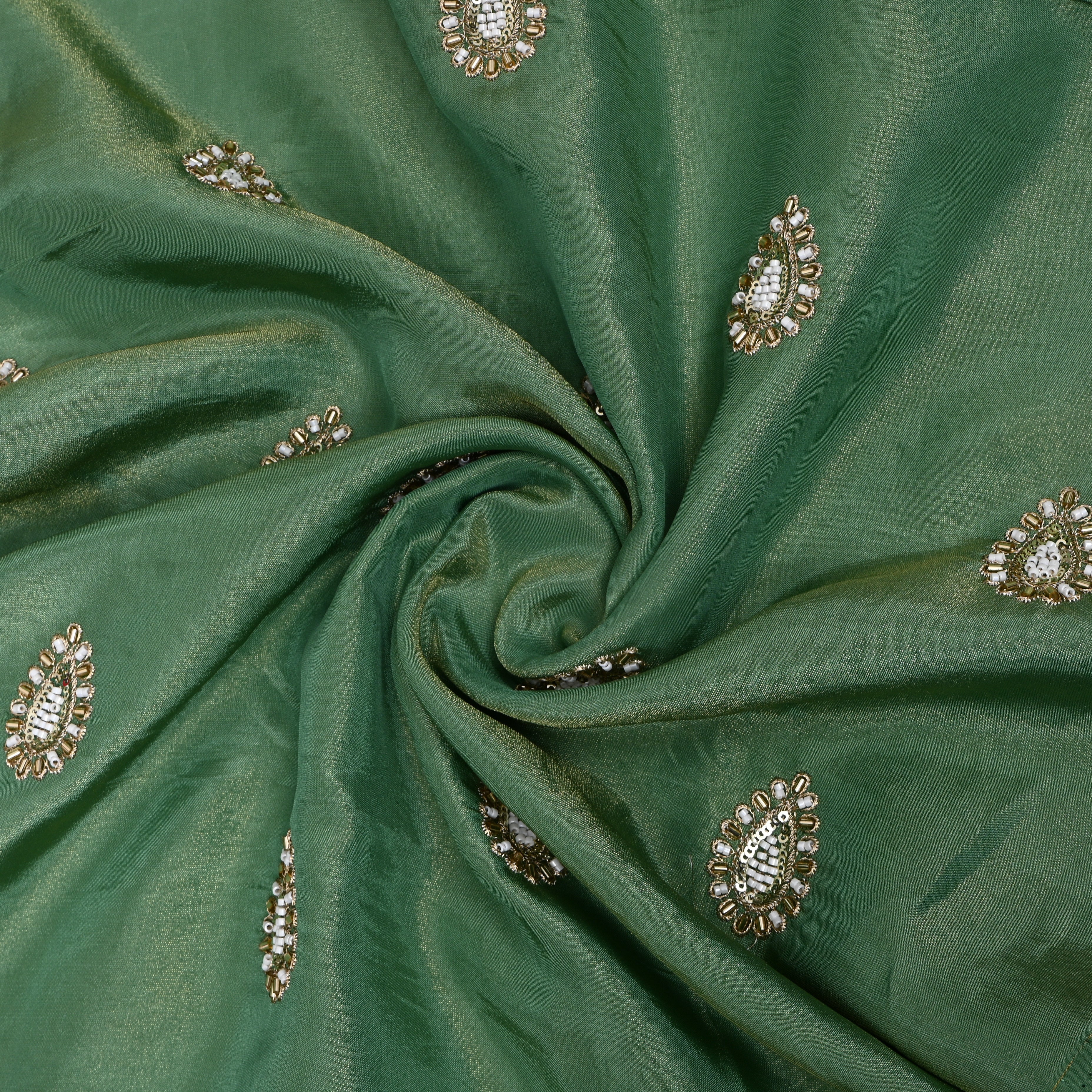 Bottle Green Zari Booti Embroidered Tissue Fabric