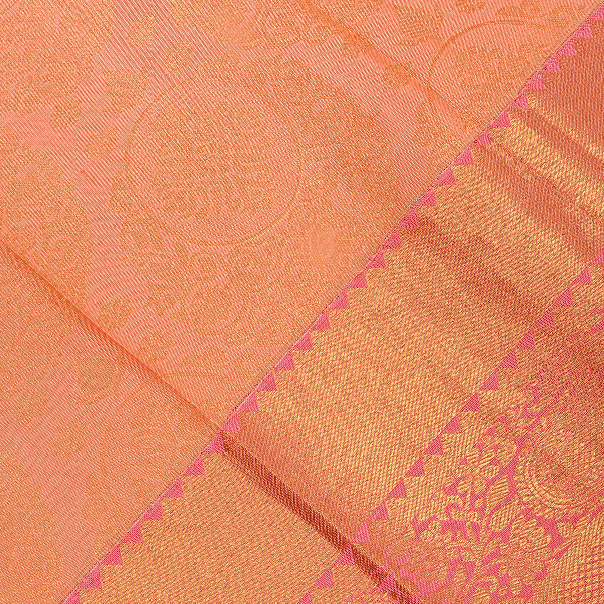 Melon Gold Zari Butti Pink Border Kanjivaram Silk Fabric