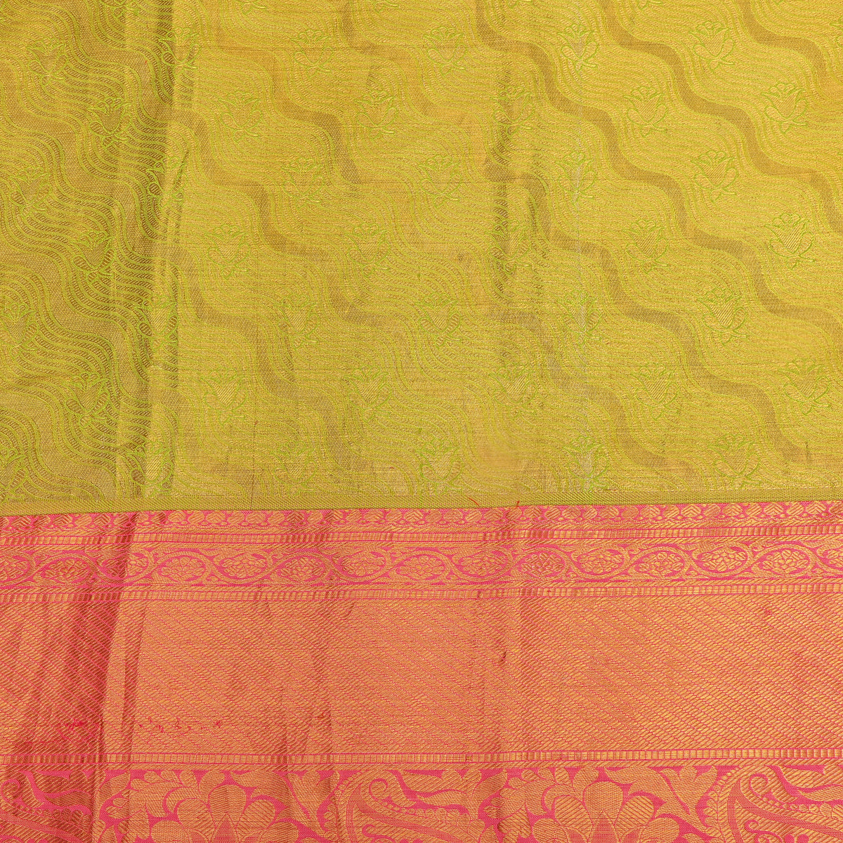 Khaki Gold Zari Zigzag Striped Pink Border Kanjivaram Silk Fabric