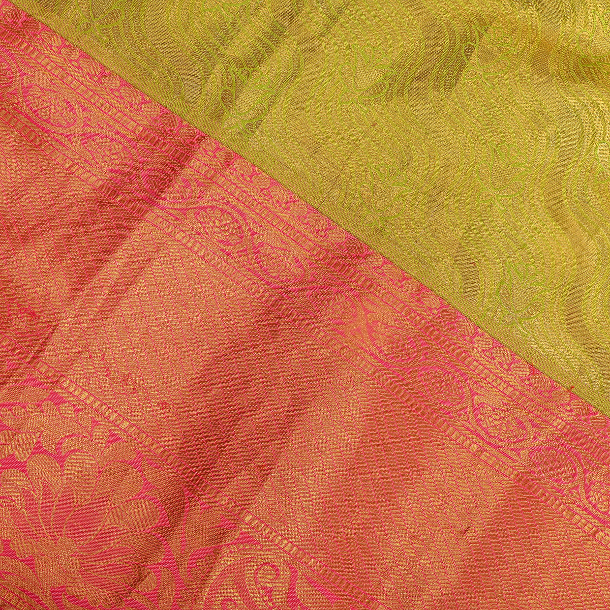 Khaki Gold Zari Zigzag Striped Pink Border Kanjivaram Silk Fabric