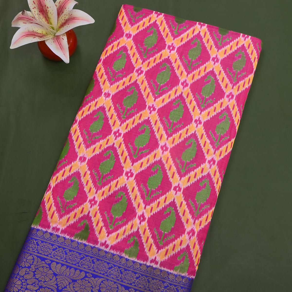 Fuchsia Blue Patan Patola Silk Fabric