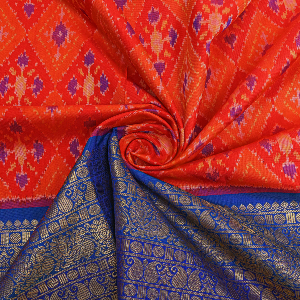Bright Orange Multi Ikat Silk Fabric