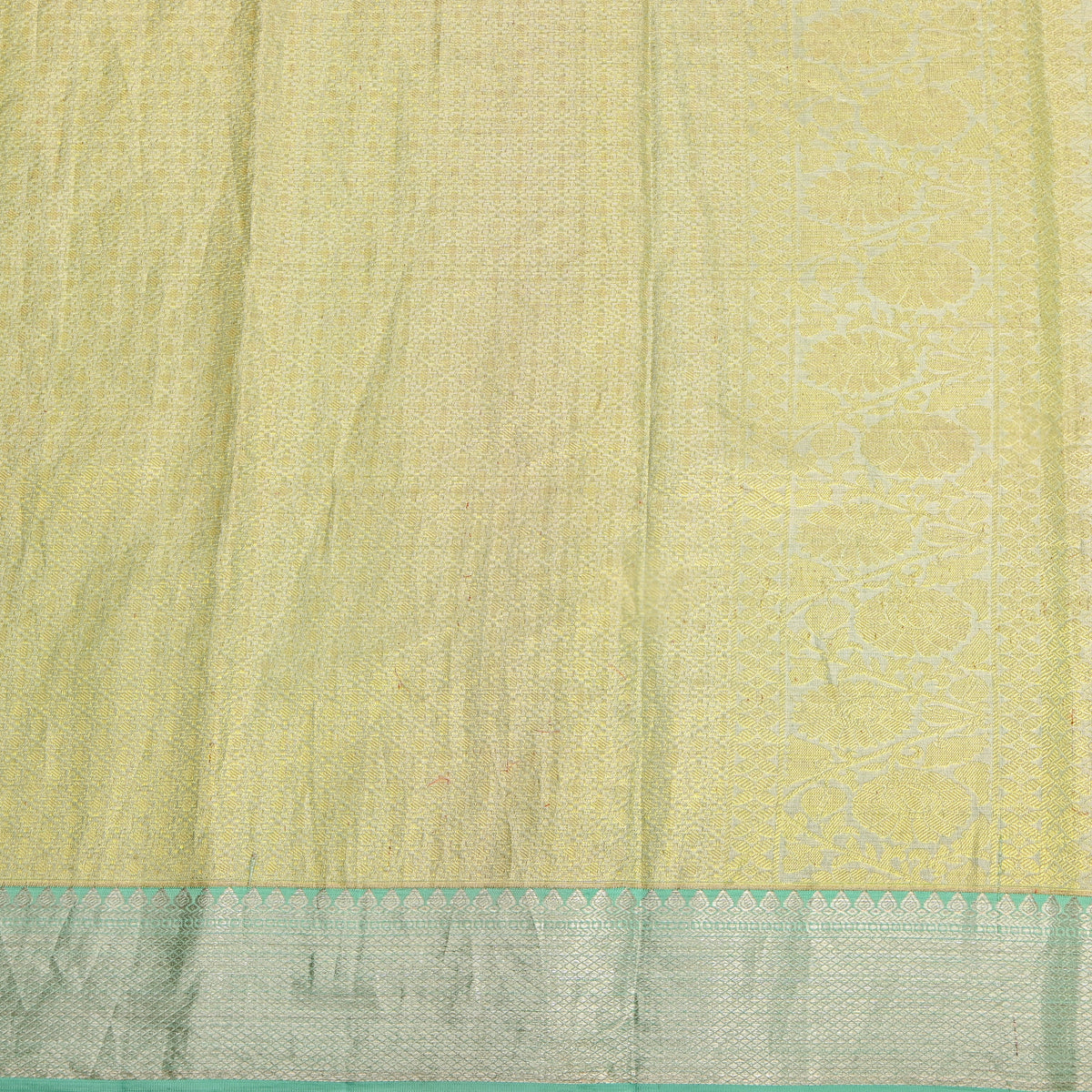 Mint Silver Zari Checks Floral Self Border Kanjivaram Silk Fabric