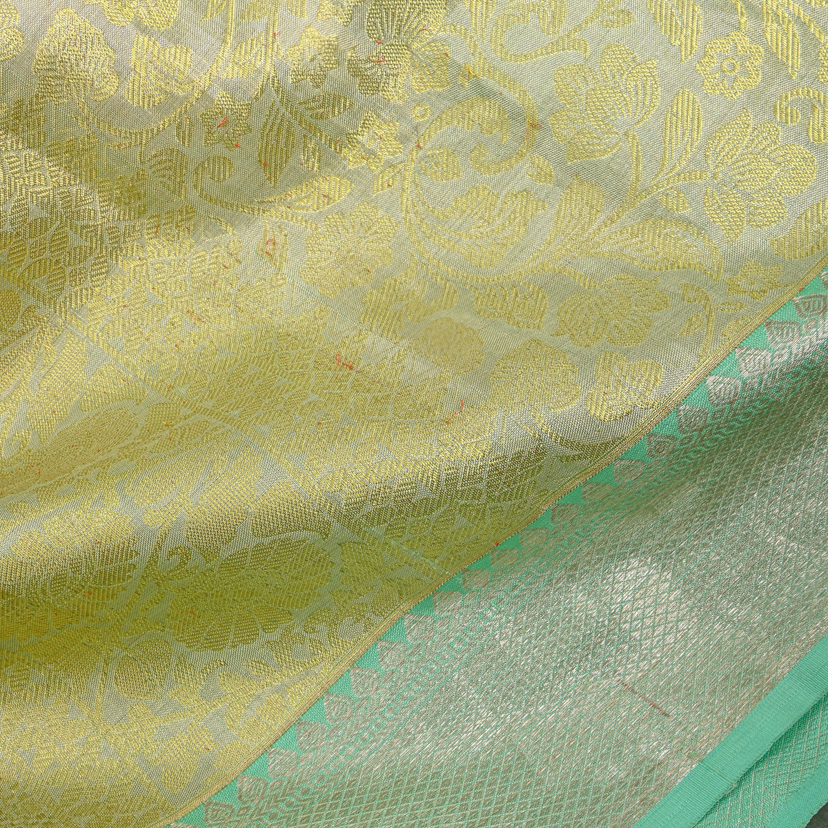 Mint Silver Zari Checks Floral Self Border Kanjivaram Silk Fabric