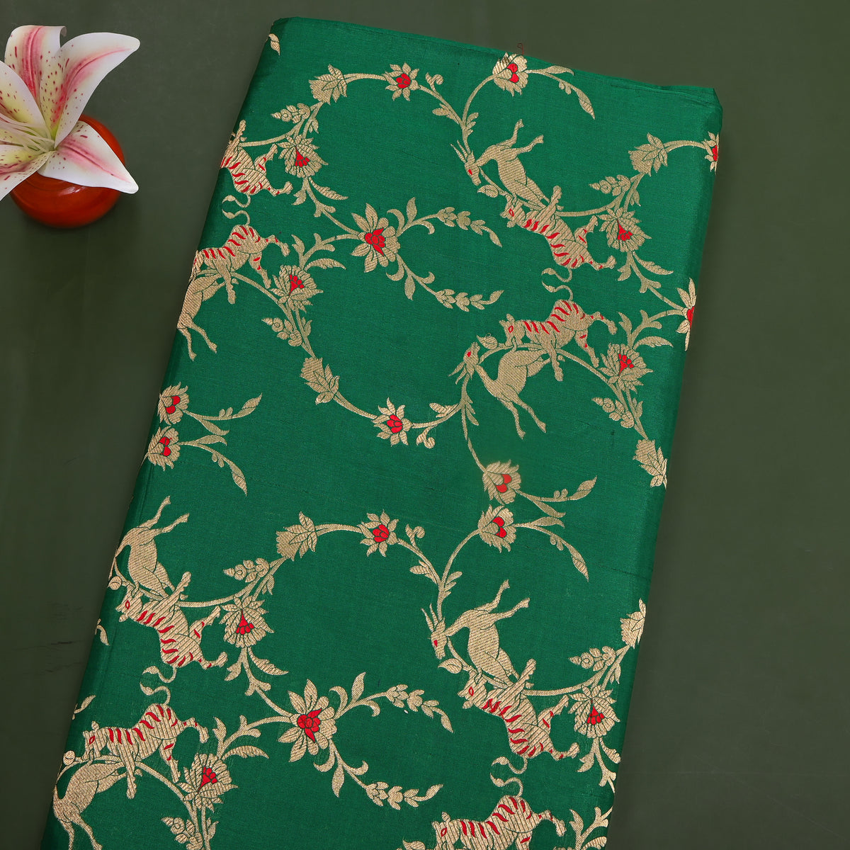 Emerald Green Gold Zari Tiger Deer Jaal Jamawar Silk Fabric