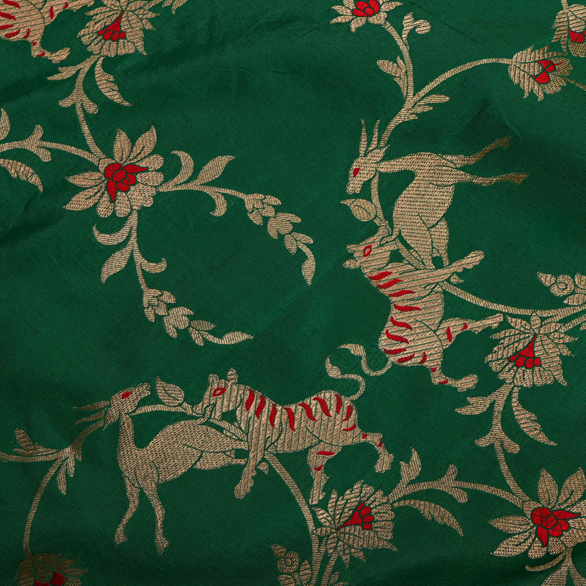 Emerald Green Gold Zari Tiger Deer Jaal Jamawar Silk Fabric