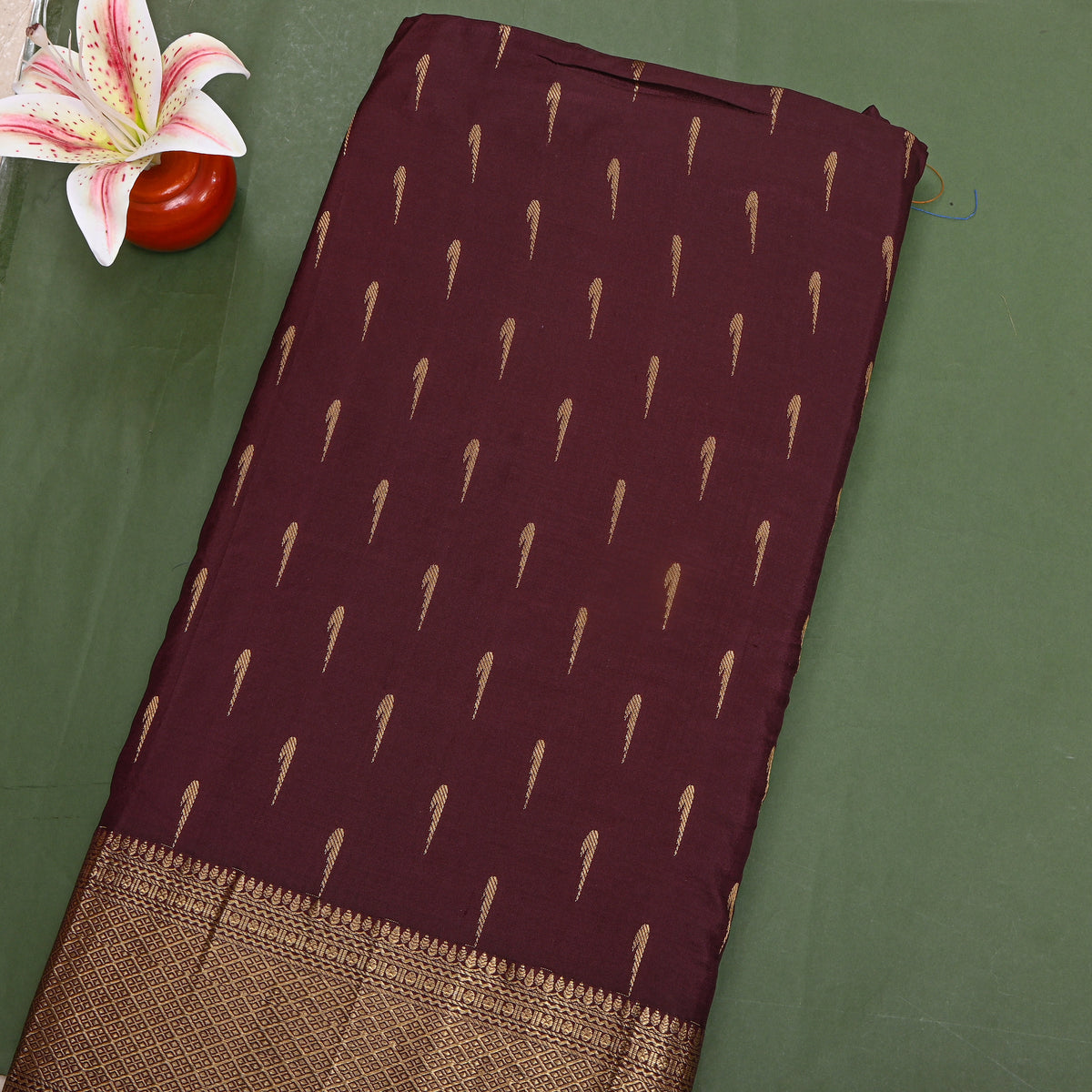 Mulberry Gold Zari Muniya Jamawar Silk Fabric With Broad Border