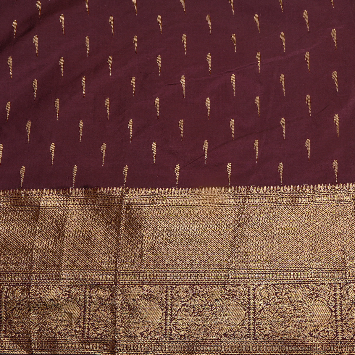 Mulberry Gold Zari Muniya Jamawar Silk Fabric With Broad Border