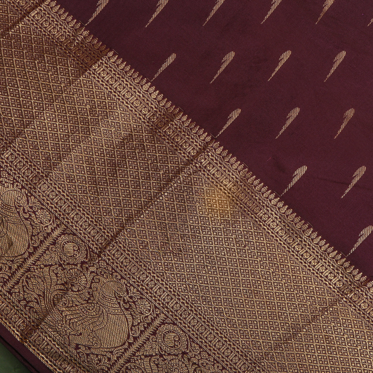 Mulberry Gold Zari Muniya Jamawar Silk Fabric With Broad Border