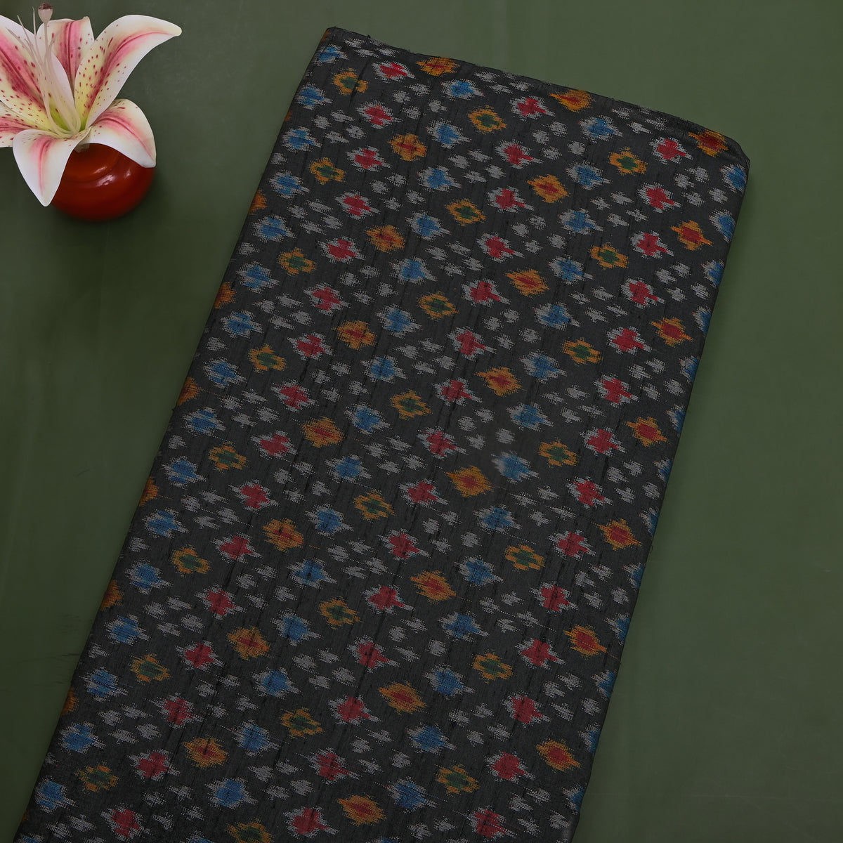 Onyx Black Ikat Dot Weave Dupion Silk Fabric