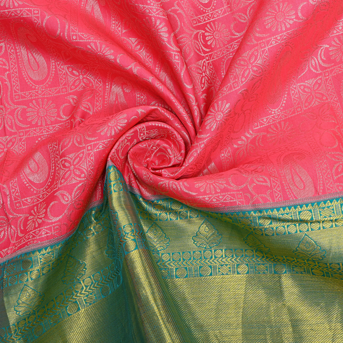 Watermelon Dual Tone Zari Paisley Green Border Kanjivaram Silk Fabric