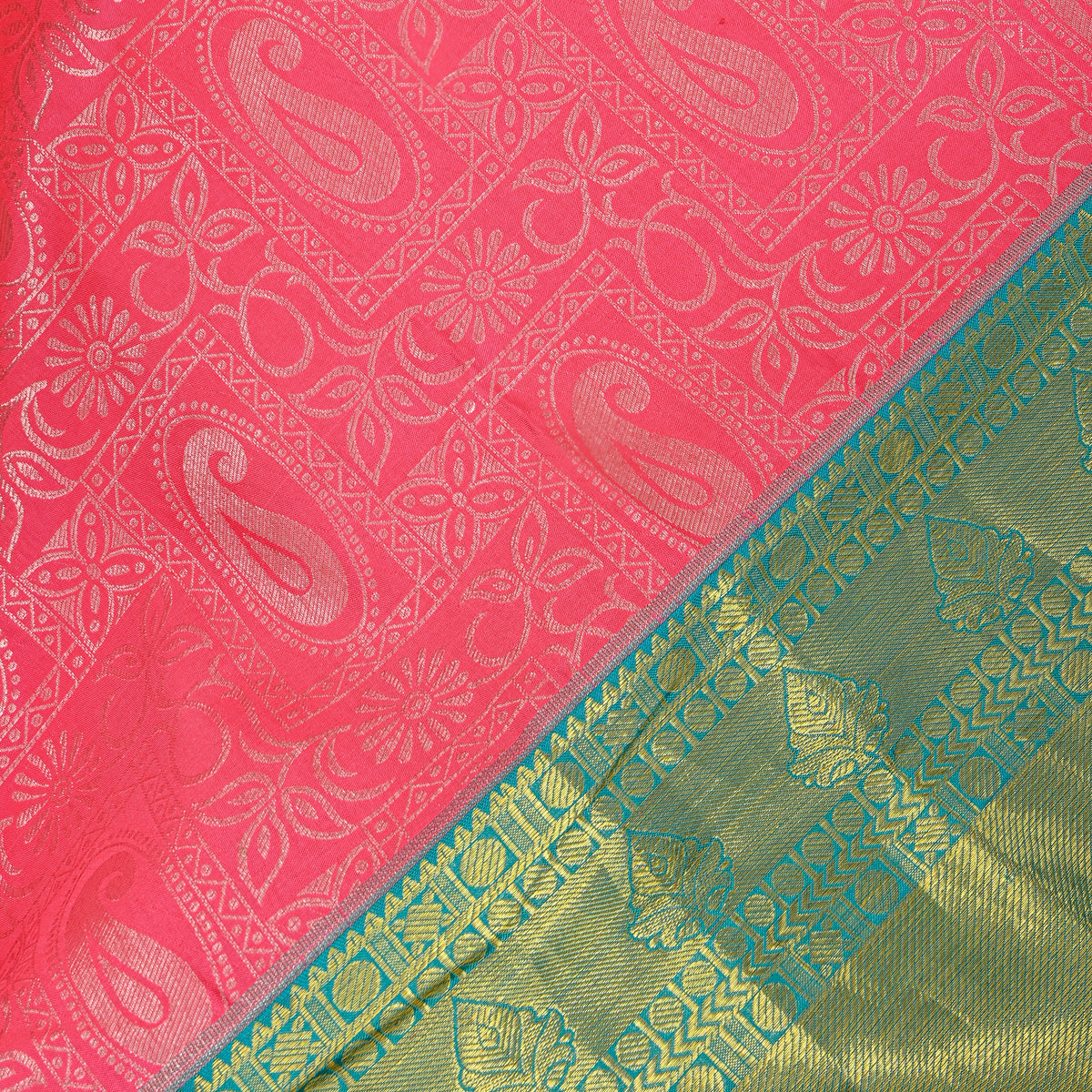 Watermelon Dual Tone Zari Paisley Green Border Kanjivaram Silk Fabric