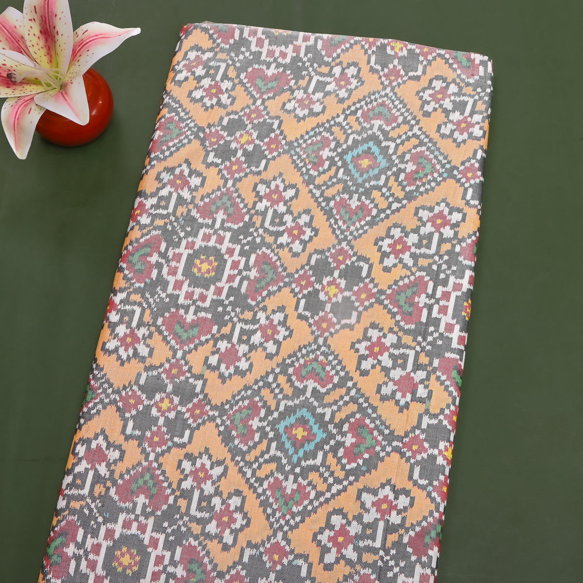 Saffron Cream Ikat Self Weave Silk Fabric