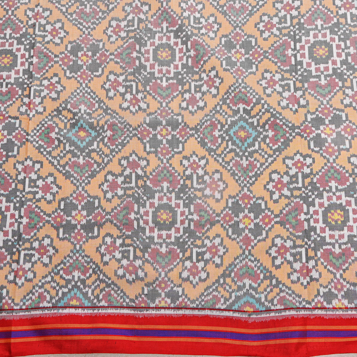 Saffron Cream Ikat Self Weave Silk Fabric