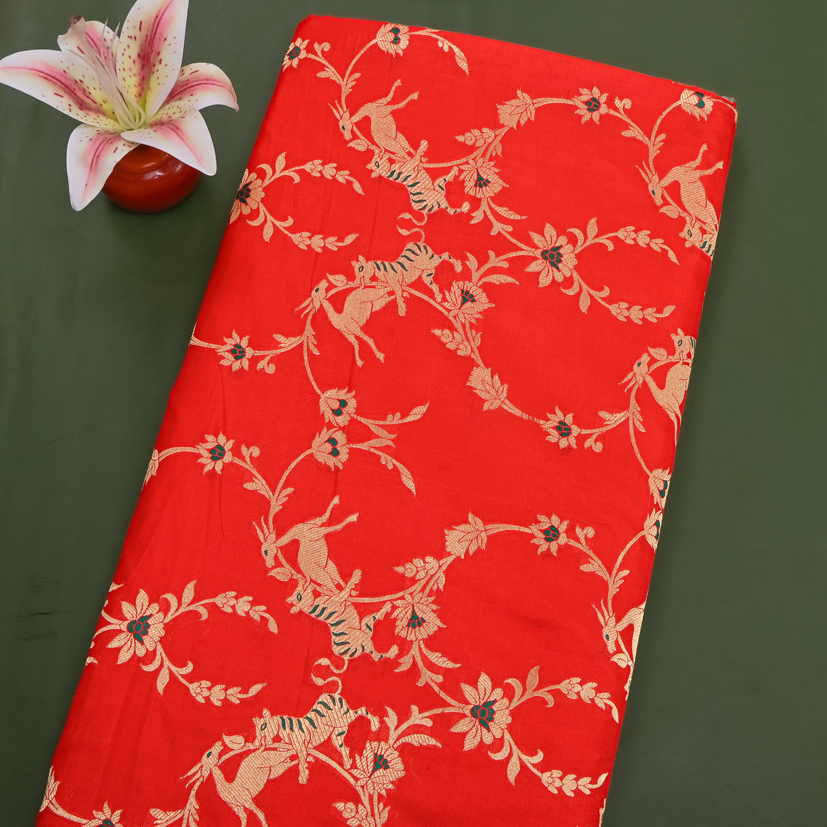 Vermilion Red Gold Zari Tiger Deer Jaal Jamawar Silk Fabric
