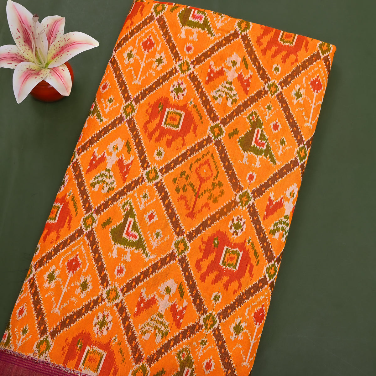 Coral Orange Multi Ikat Silk Fabric