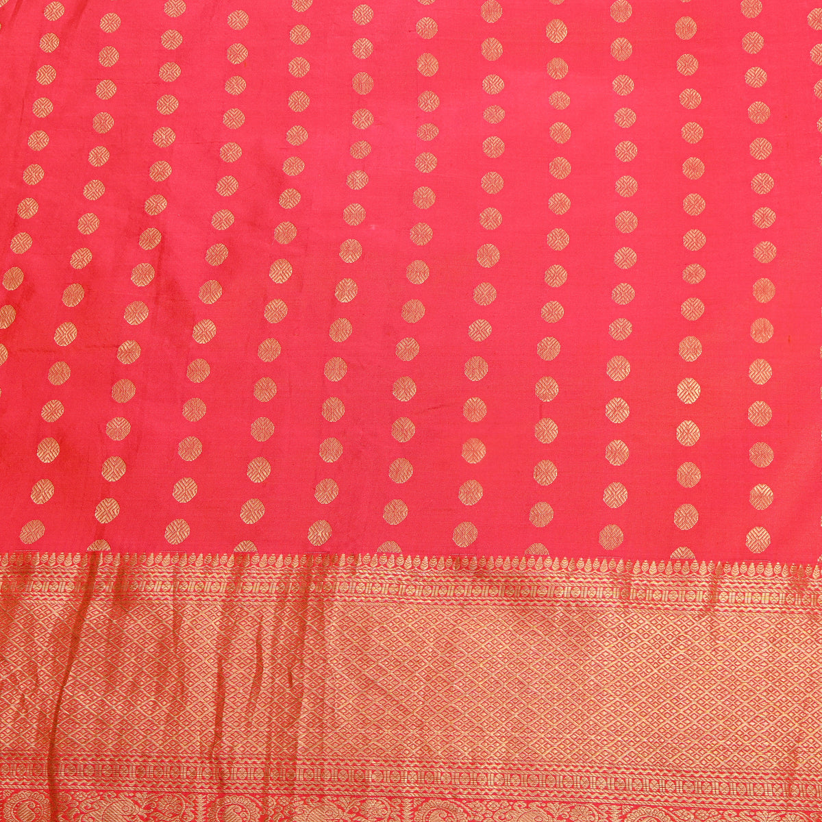Watermelon Pink Gold Zari Butti Jamawar Silk Fabric With Broad Border