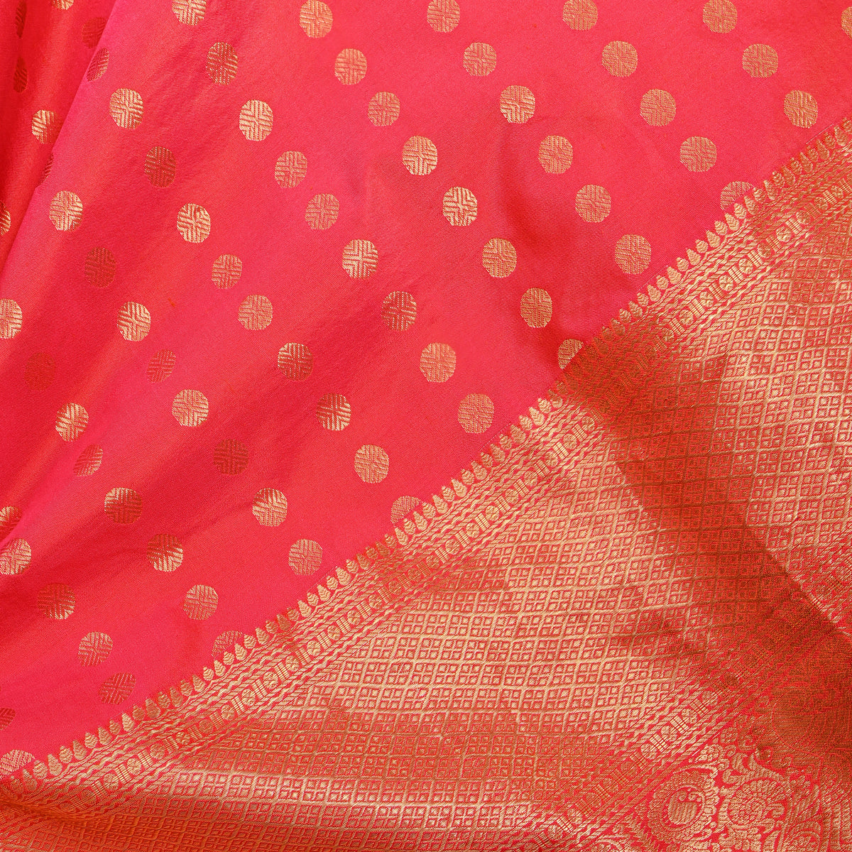 Watermelon Pink Gold Zari Butti Jamawar Silk Fabric With Broad Border