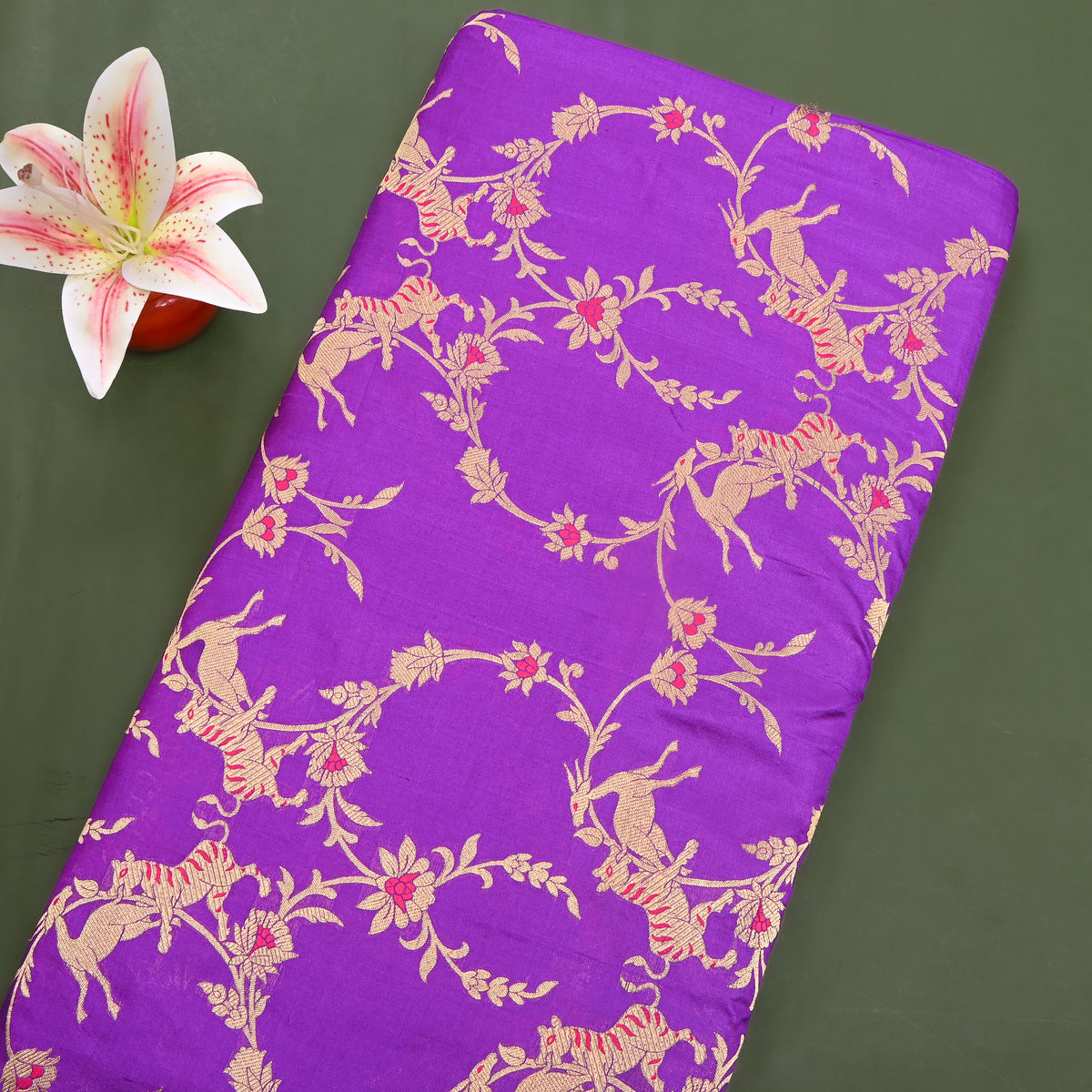 Grape Purple Gold Zari Tiger Deer Jaal Jamawar Silk Fabric
