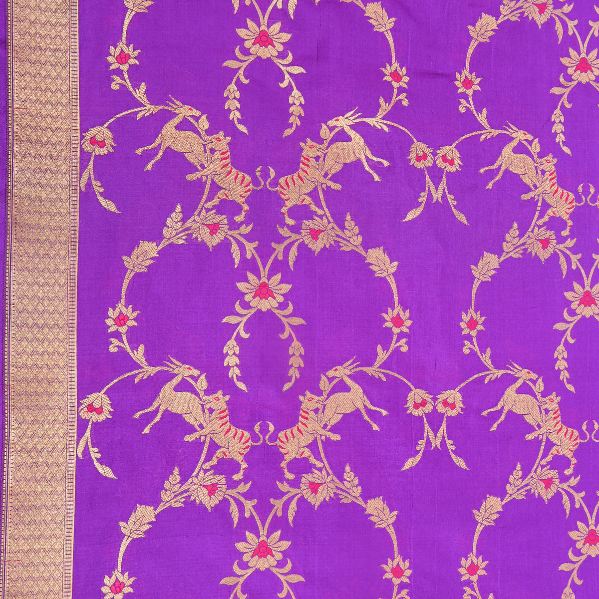 Grape Purple Gold Zari Tiger Deer Jaal Jamawar Silk Fabric