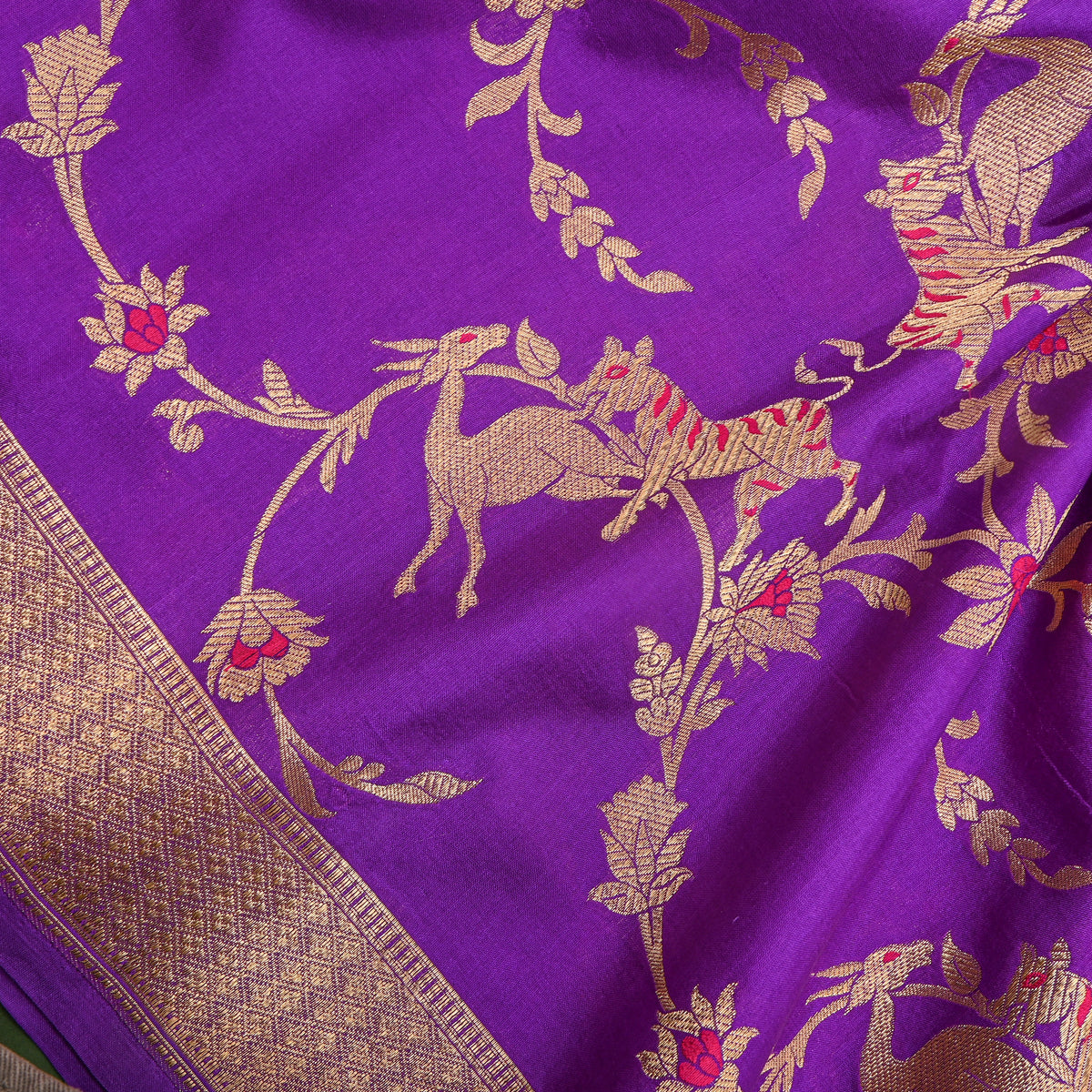 Grape Purple Gold Zari Tiger Deer Jaal Jamawar Silk Fabric