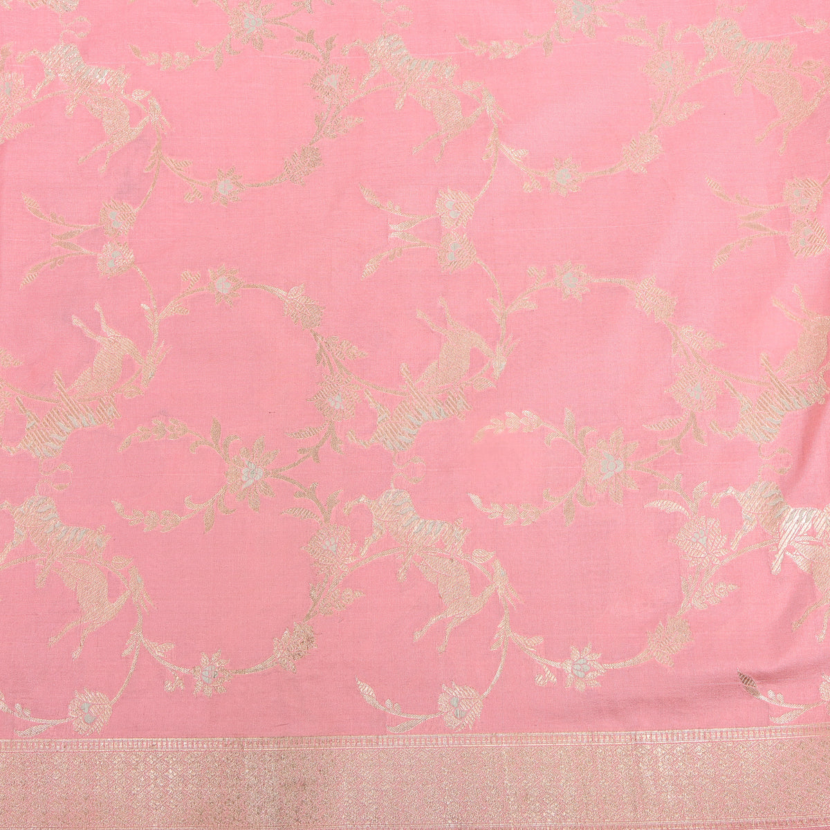 Salmon Pink Antique Gold Zari Tiger Deer Jaal Jamawar Silk Fabric