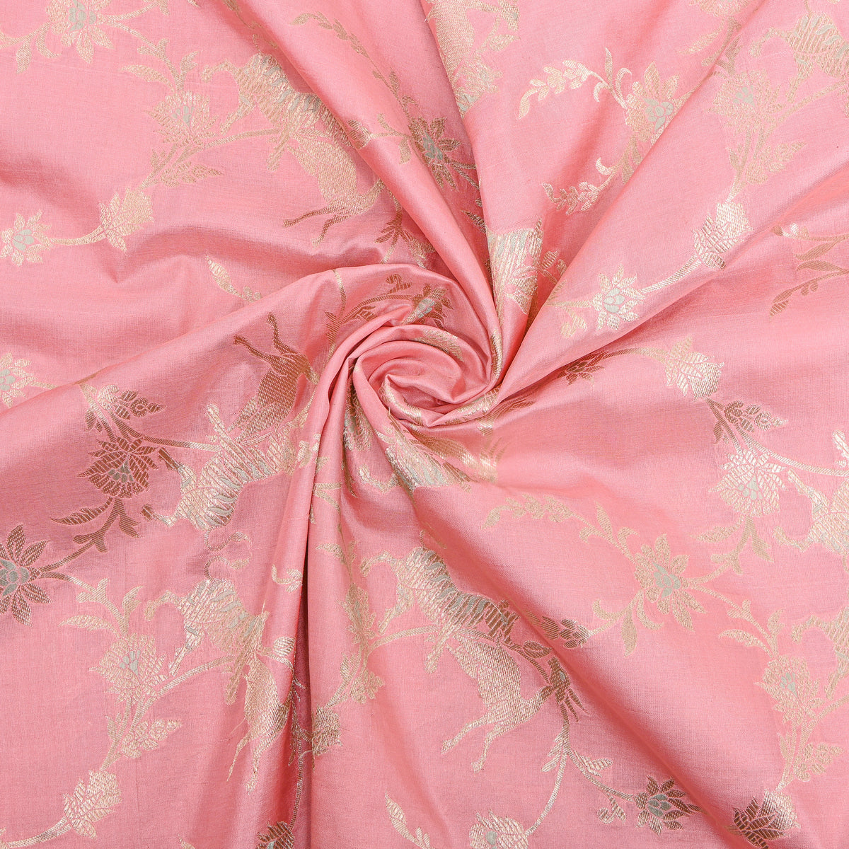 Salmon Pink Antique Gold Zari Tiger Deer Jaal Jamawar Silk Fabric