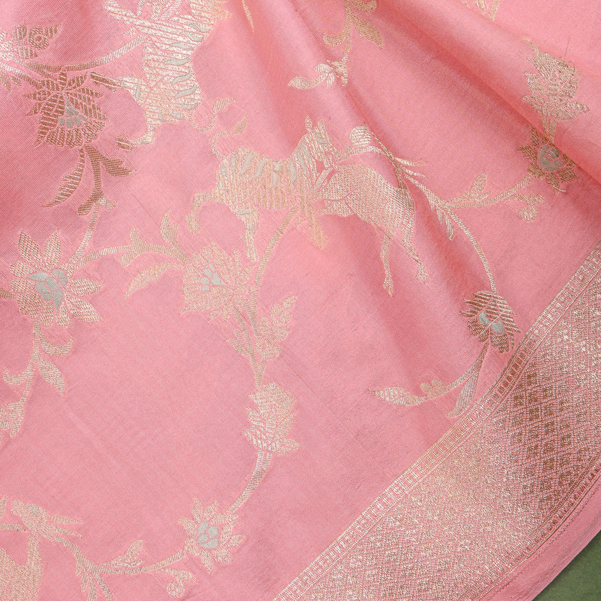 Salmon Pink Antique Gold Zari Tiger Deer Jaal Jamawar Silk Fabric