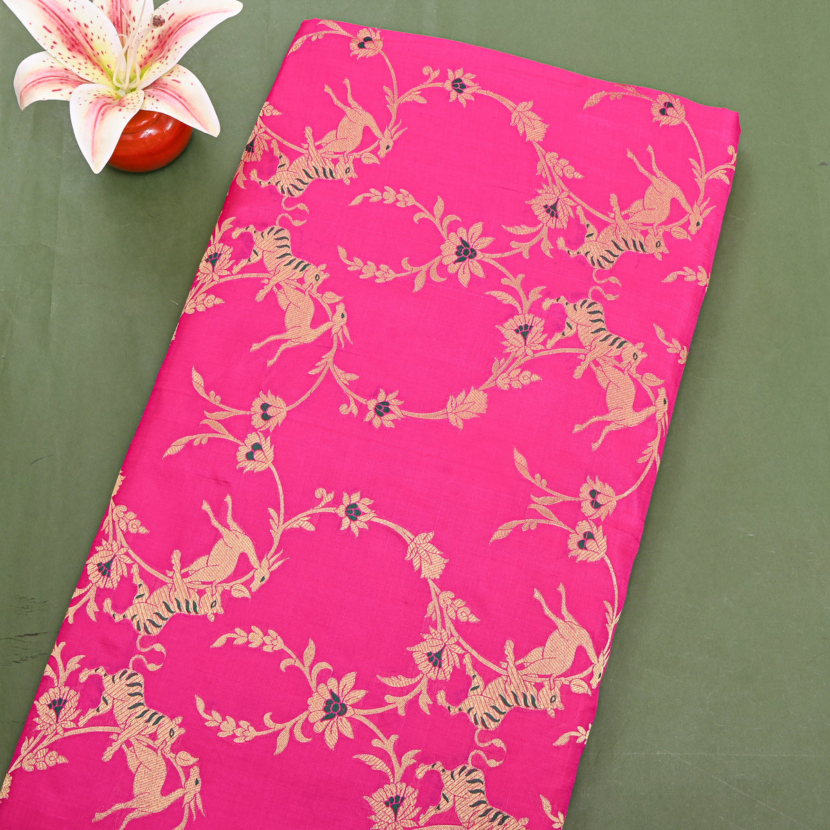 Peony Pink Gold Zari Tiger Deer Jaal Jamawar Silk Fabric