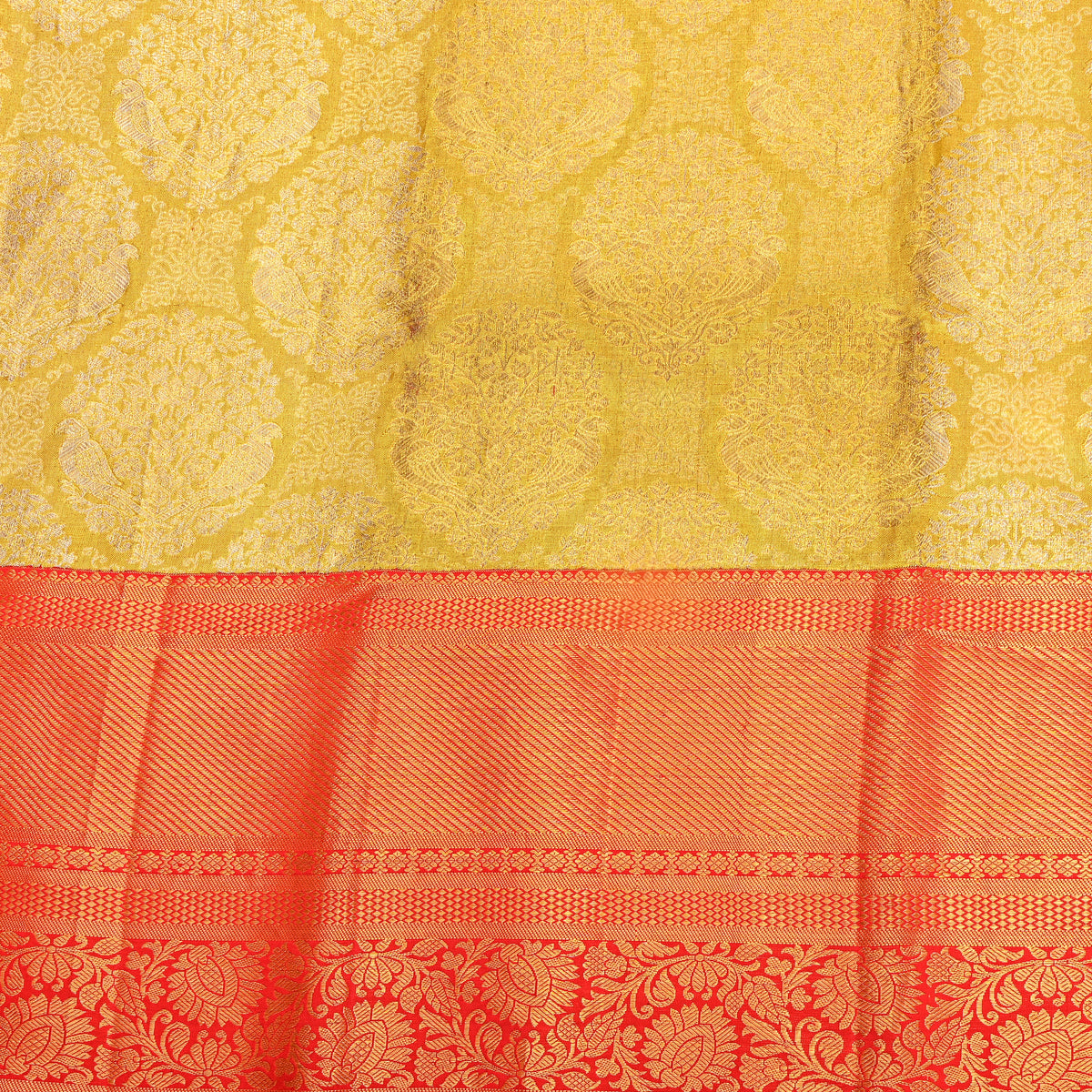 Pear Gold Zari Butti Red Border Kanjivaram Silk Fabric